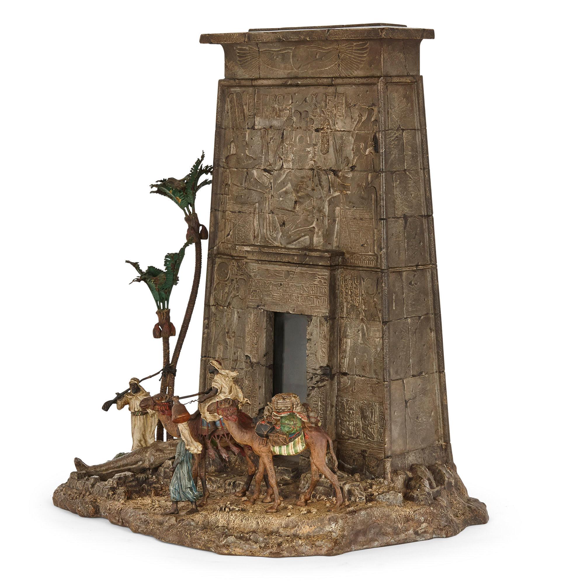 Viennese cold-painted bronze Egyptian monument letterbox by Bergman
Austrian, circa 1900
Measures: Height 46cm, width 39cm, depth 28cm

Demonstrating the very best of Bergman, this wonderful cold-painted bronze sculpture depicts an exotic