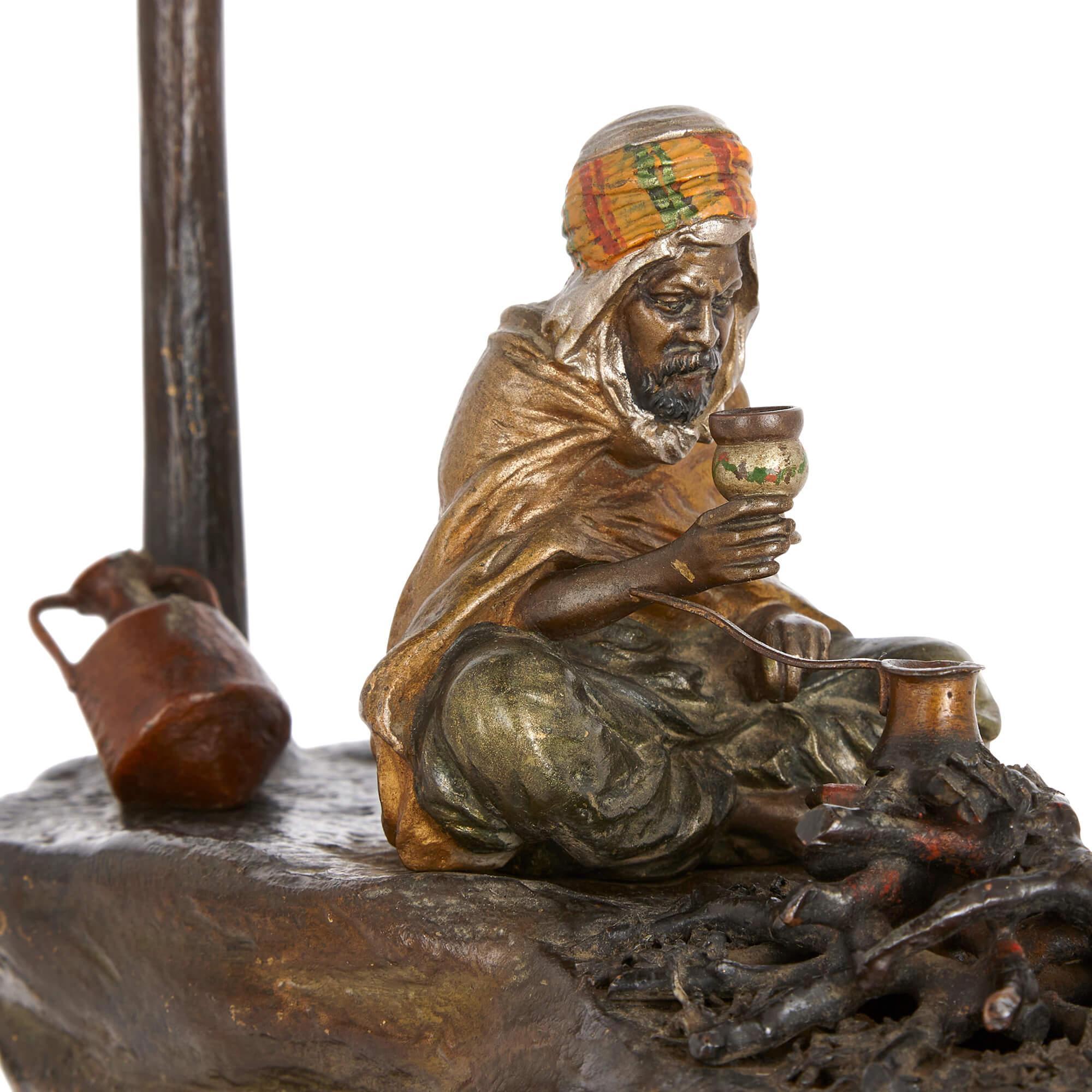 Austrian Viennese Cold-Painted Bronze Lamp of an Arab by a Campfire by Bergman For Sale