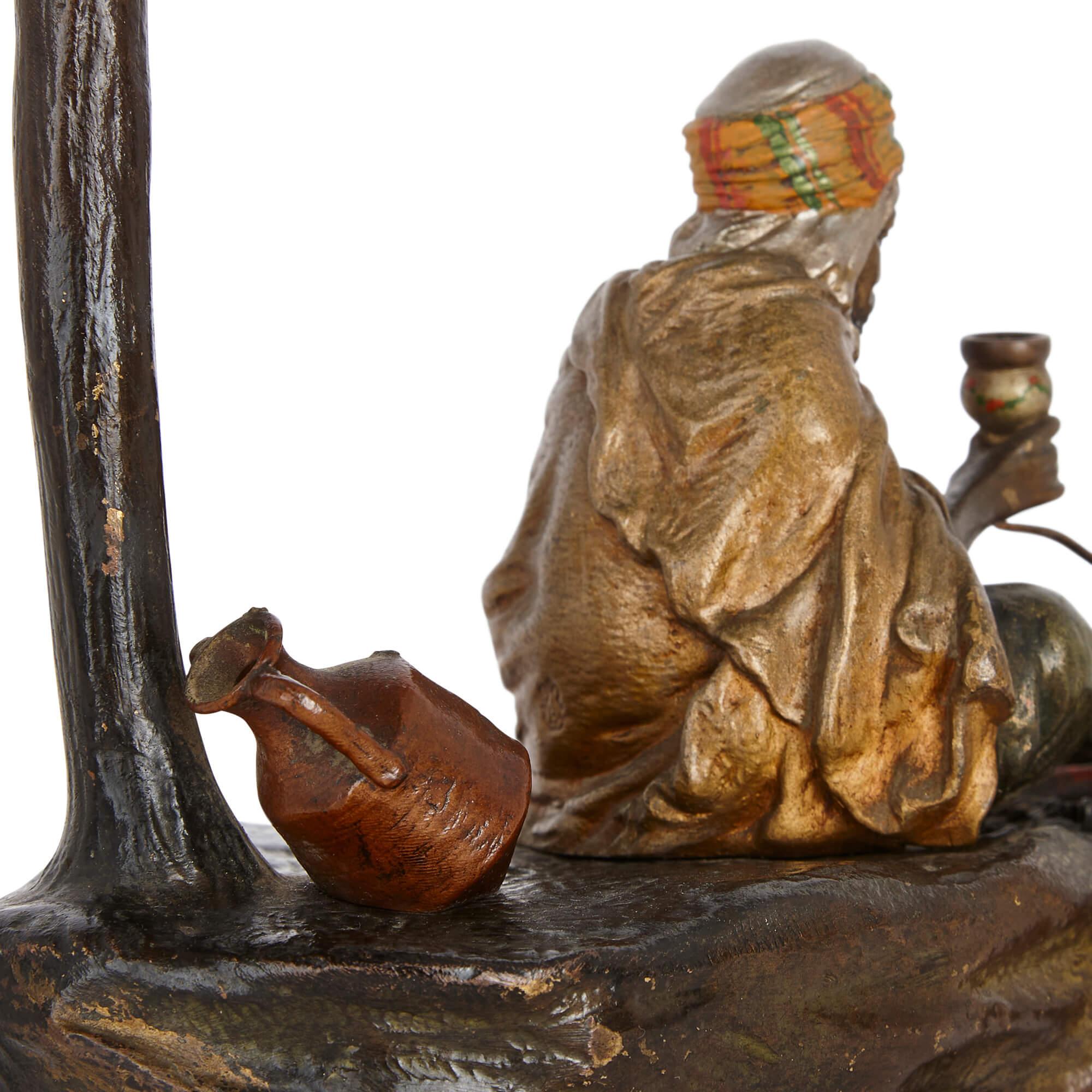 Cast Viennese Cold-Painted Bronze Lamp of an Arab by a Campfire by Bergman For Sale