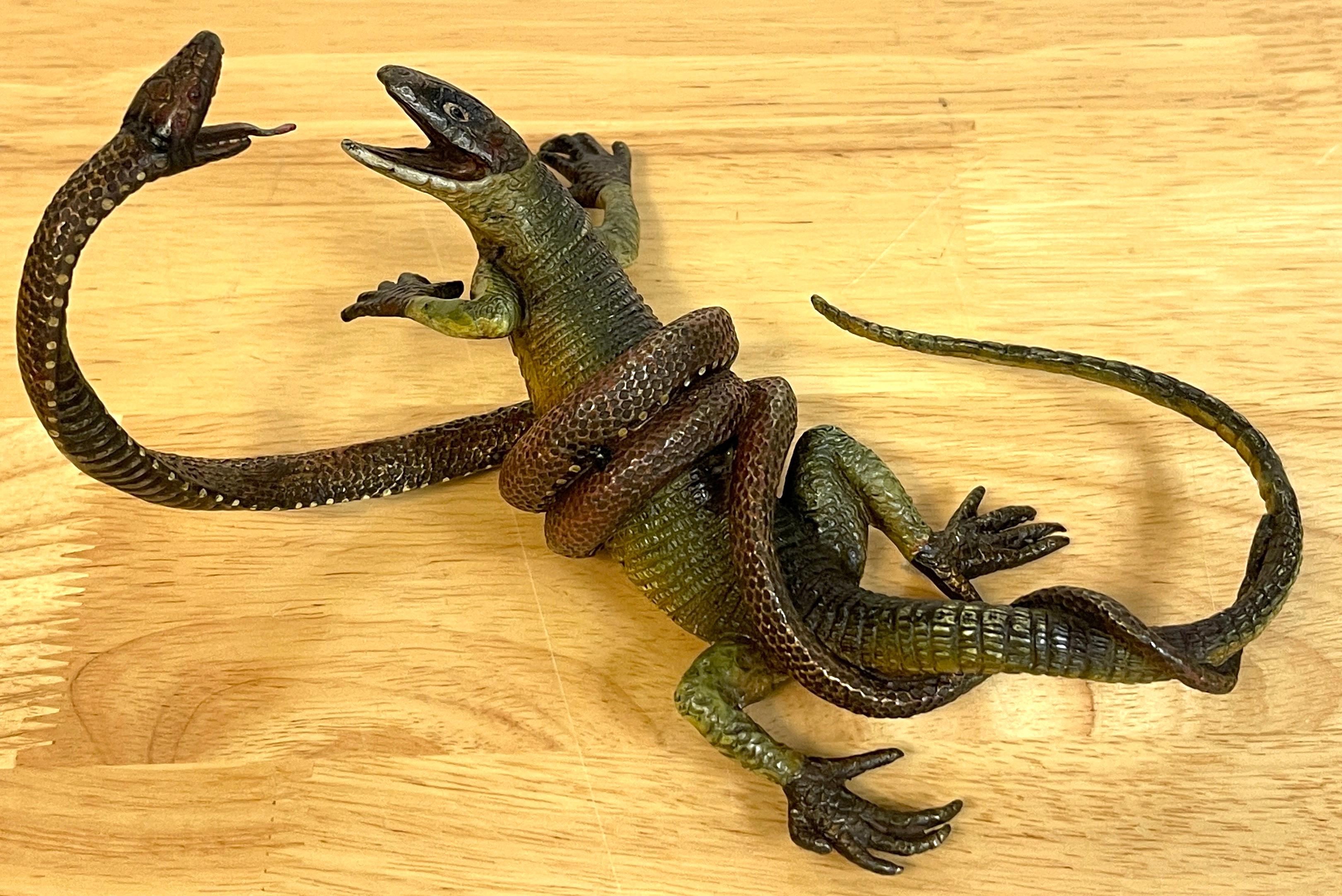 Viennese cold painted bronze naturalistic lizard and snake sculpture, amazing realistically cast and painted sculpture stamped Gestuz and numbered 5901.

    