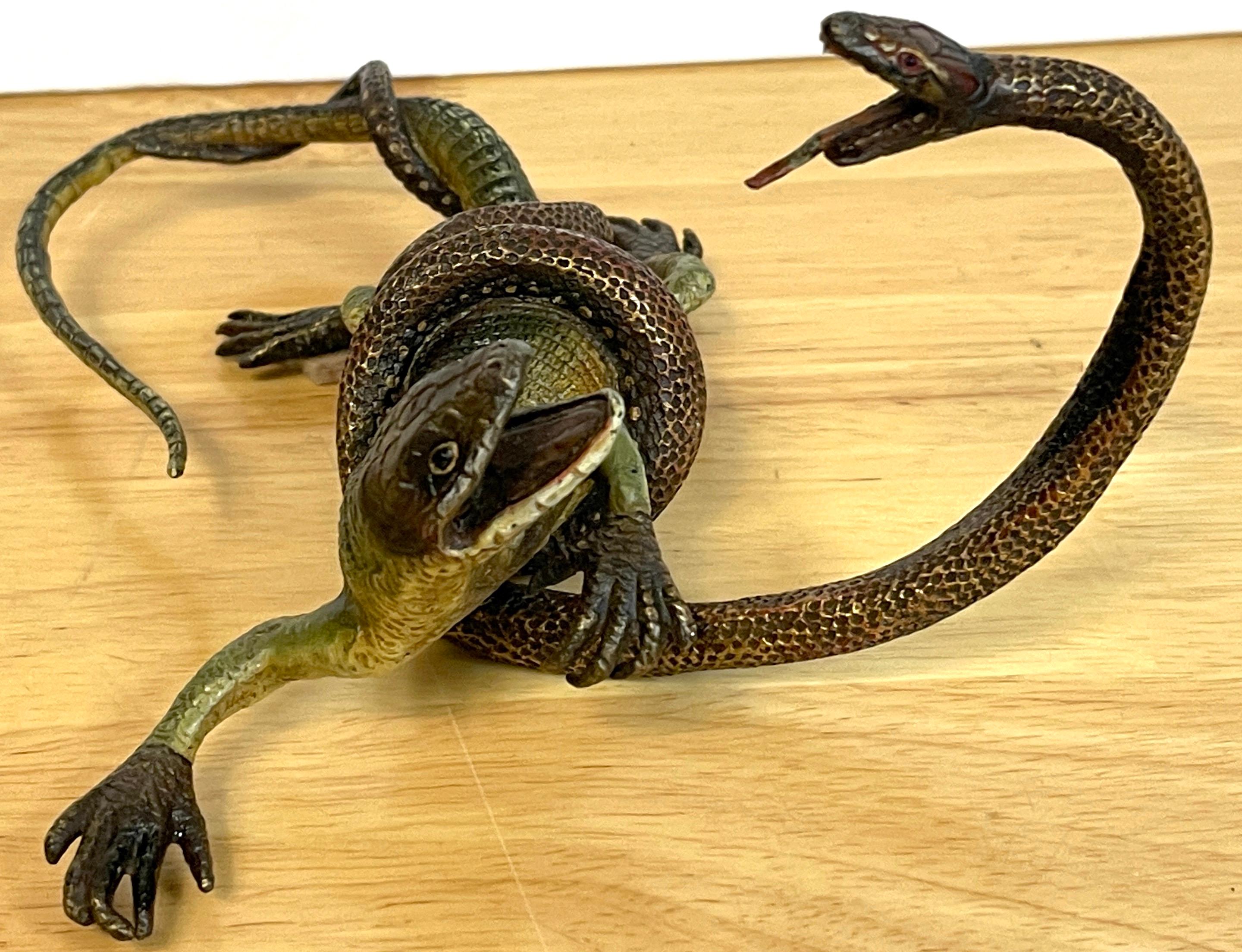 High Victorian Viennese Cold Painted Bronze Lizard and Snake Sculpture, Signed Gestuz