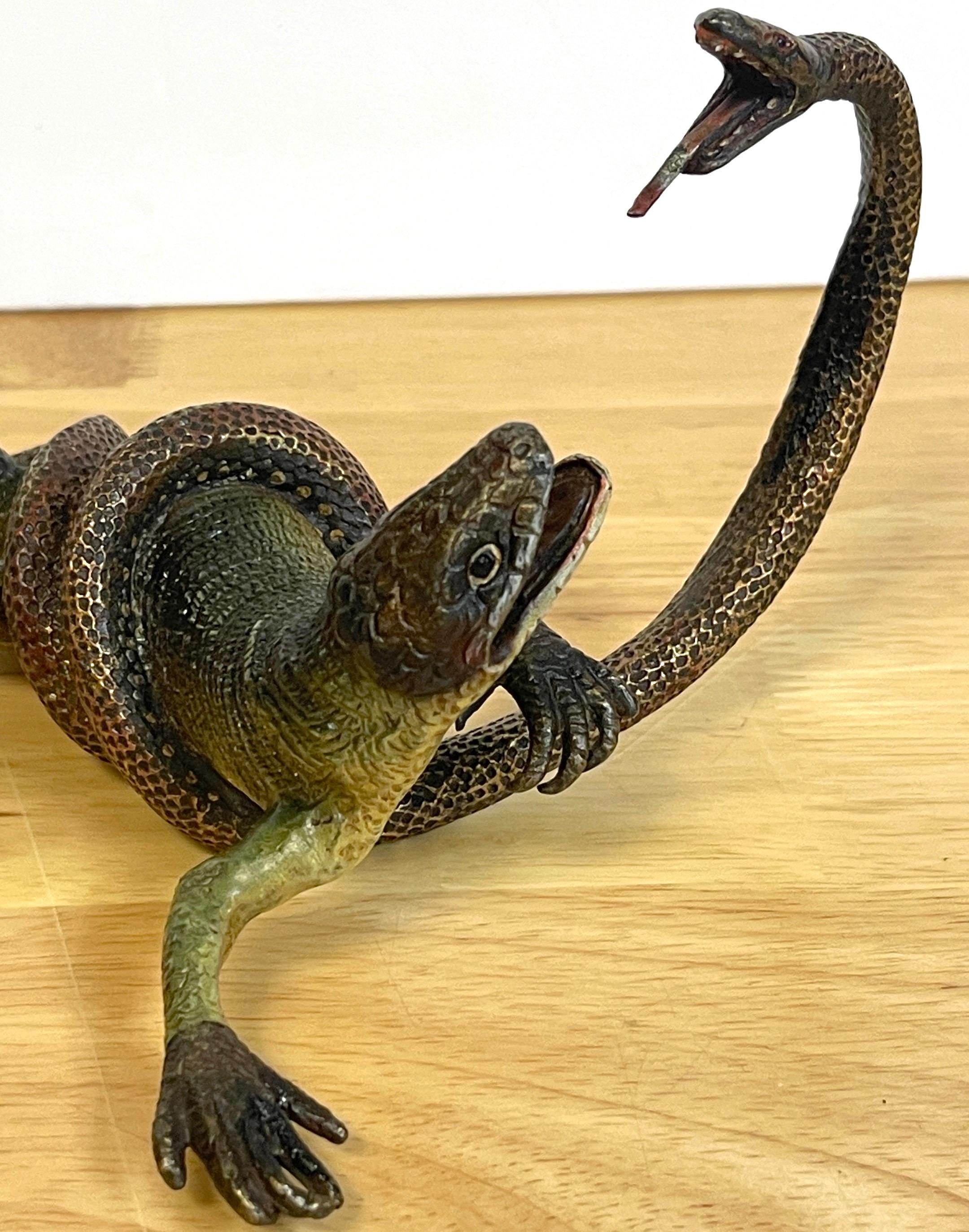 Austrian Viennese Cold Painted Bronze Lizard and Snake Sculpture, Signed Gestuz