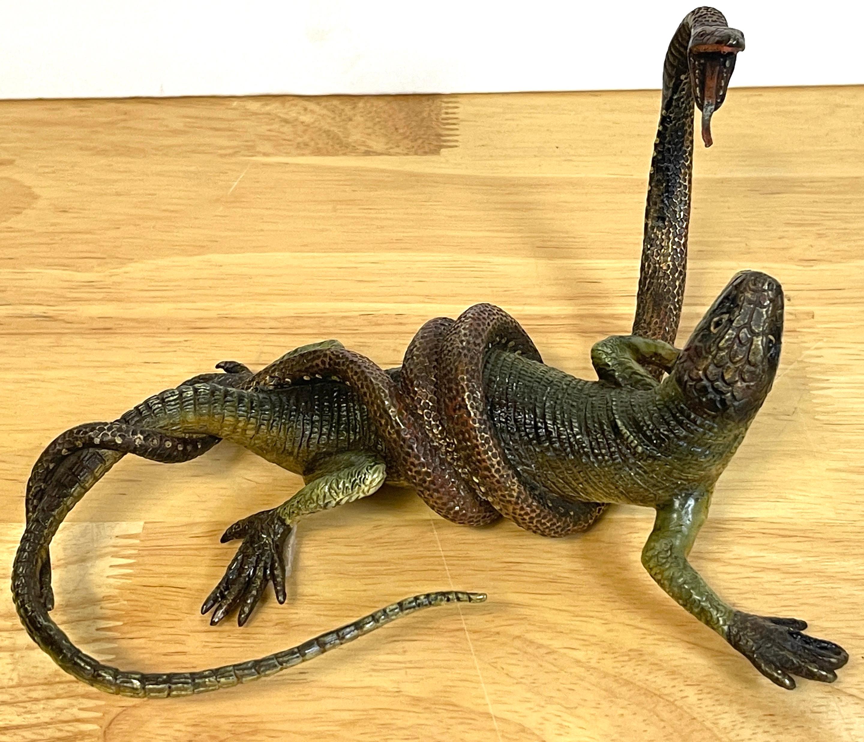 Hand-Painted Viennese Cold Painted Bronze Lizard and Snake Sculpture, Signed Gestuz