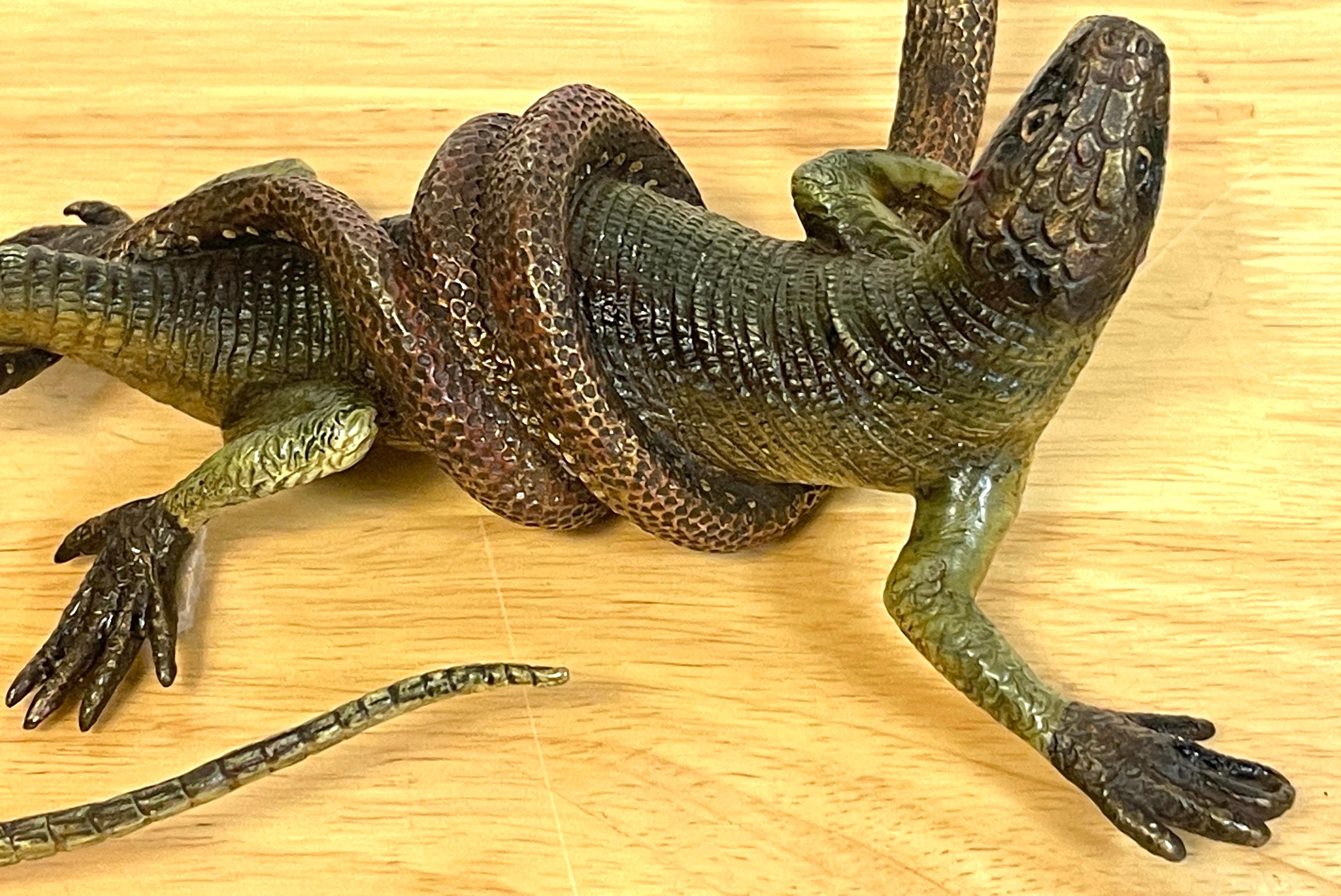 Viennese Cold Painted Bronze Lizard and Snake Sculpture, Signed Gestuz In Good Condition In West Palm Beach, FL