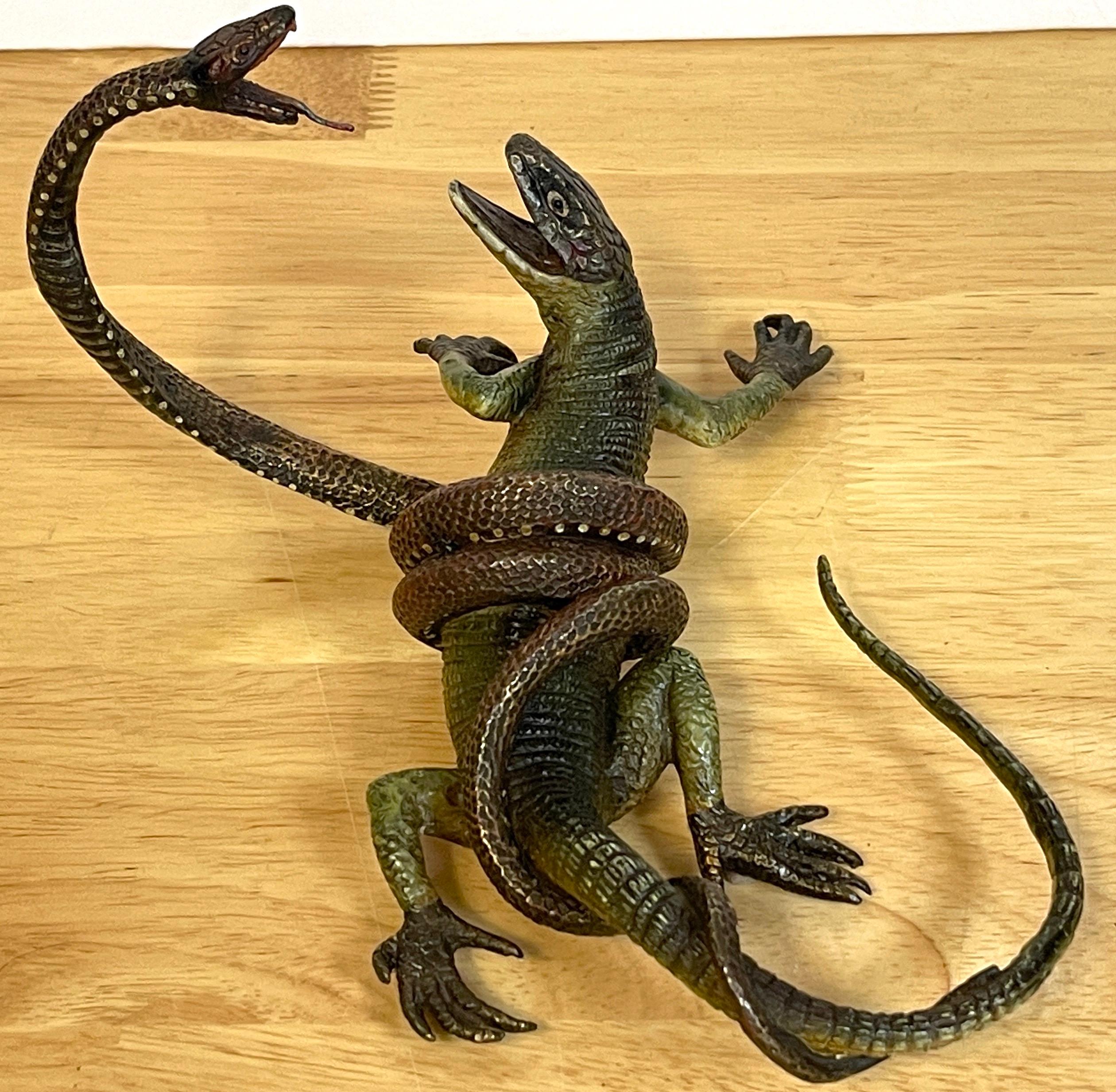 19th Century Viennese Cold Painted Bronze Lizard and Snake Sculpture, Signed Gestuz