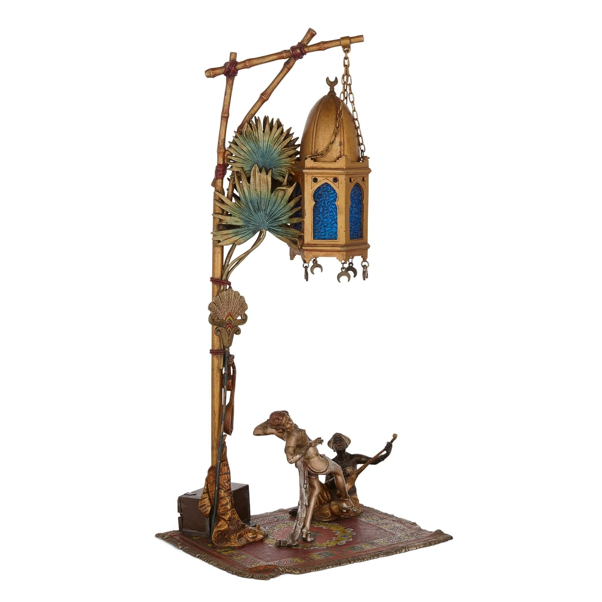Viennese cold-painted bronze Orientalist figurative lamp of a dancer by Zach
Austrian, c. 1920
Height 44cm, width 21cm, depth 18cm

This superb cold-painted bronze sculptural lamp was crafted by Bruno Zach (1891-1935), a famous Ukrainian-born