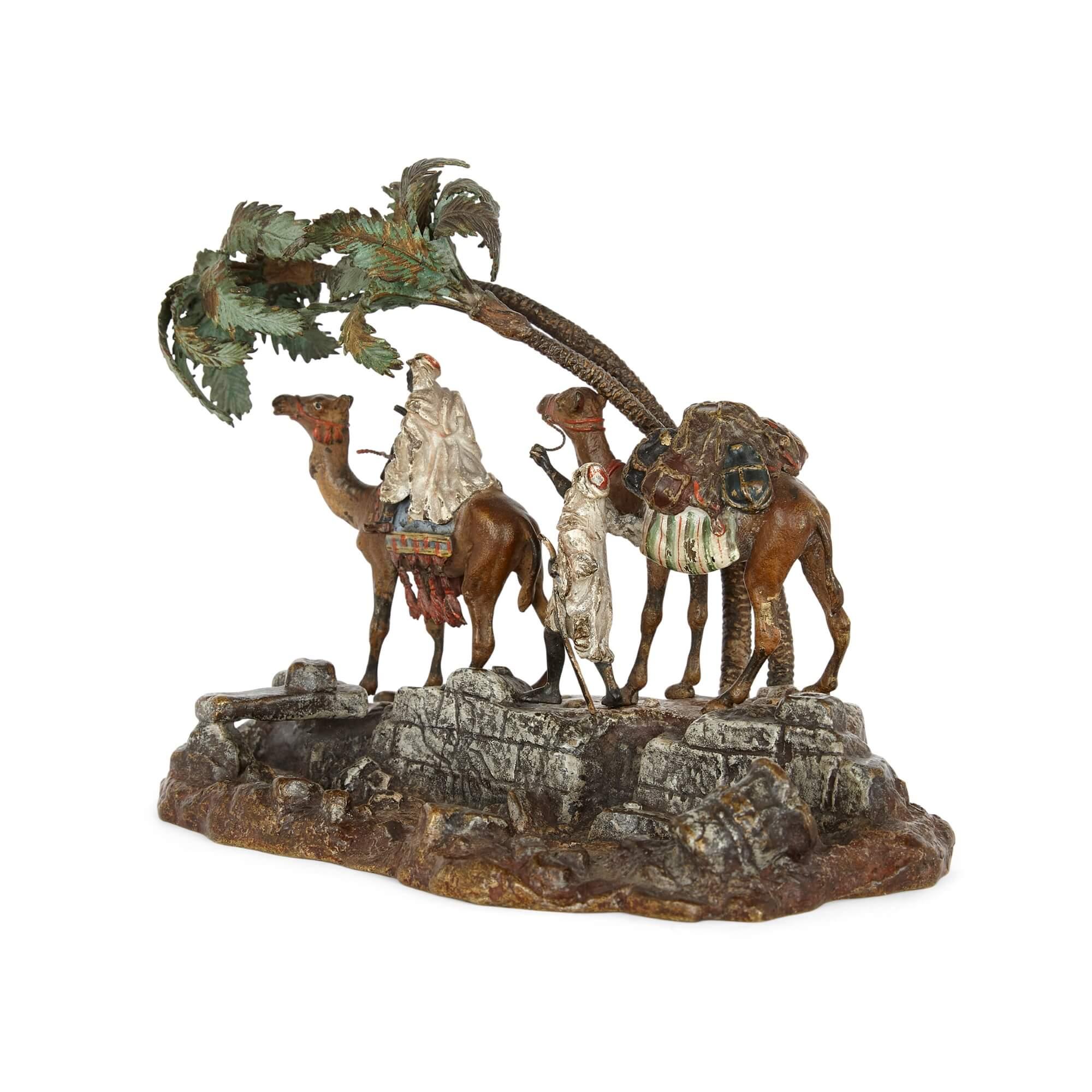 Viennese cold-painted Orientalist bronze group by Franz Bergman
Austrian, c.1900
Height 12cm, width 15cm, depth 9cm

This small but intricately crafted and designed bronze group depicts an Orientalist scene with two Arabian men and camels in a