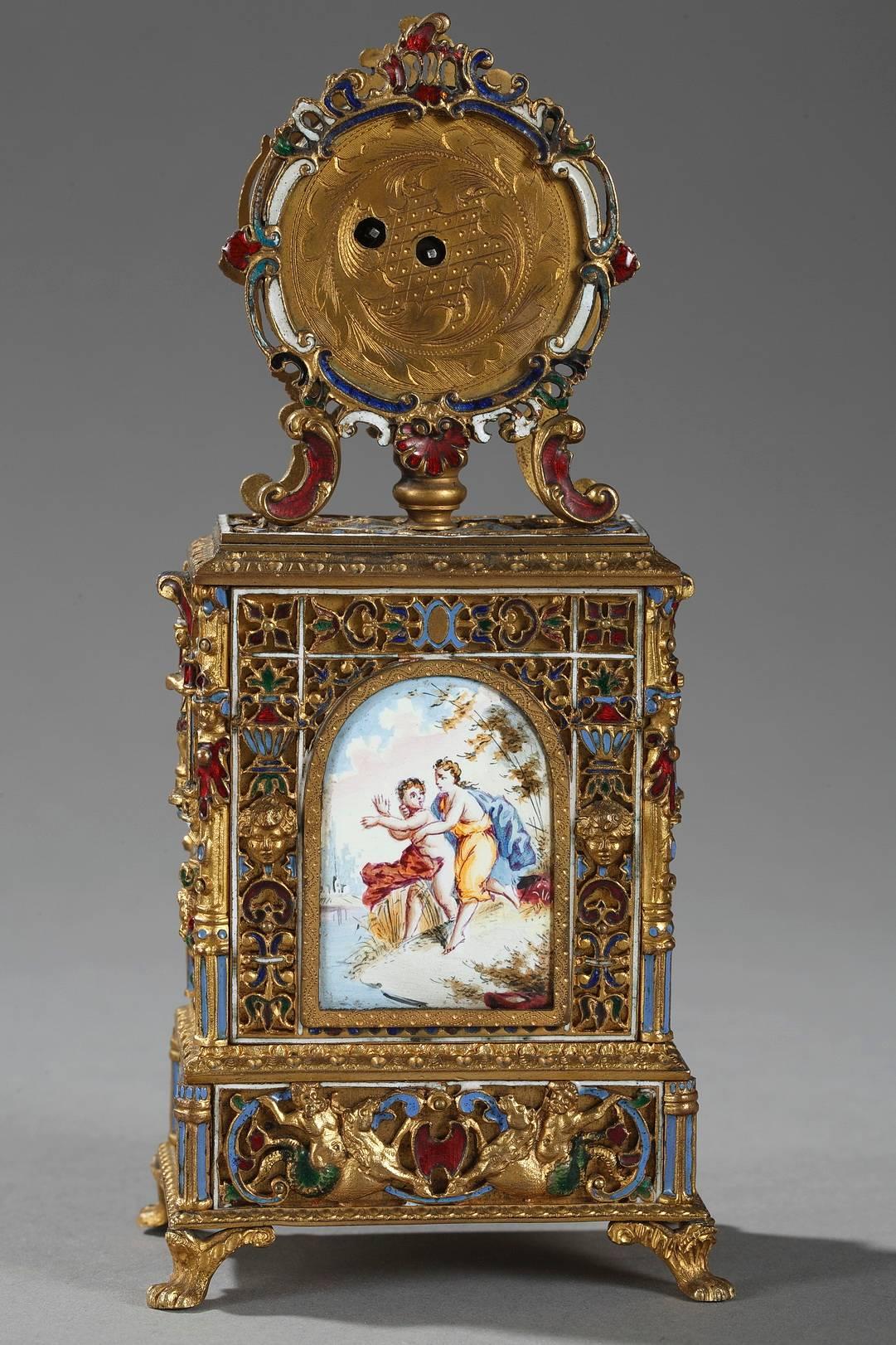 Austrian Viennese Enamel and Gilt Brass Table Clock, Mid-19th Century For Sale