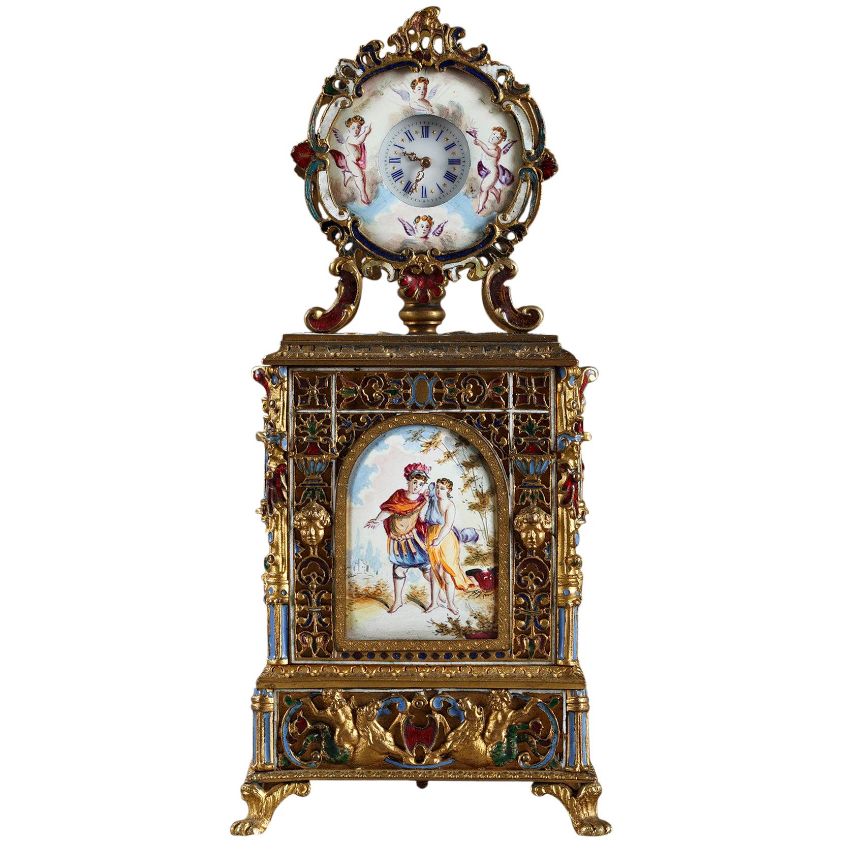 Viennese Enamel and Gilt Brass Table Clock, Mid-19th Century For Sale