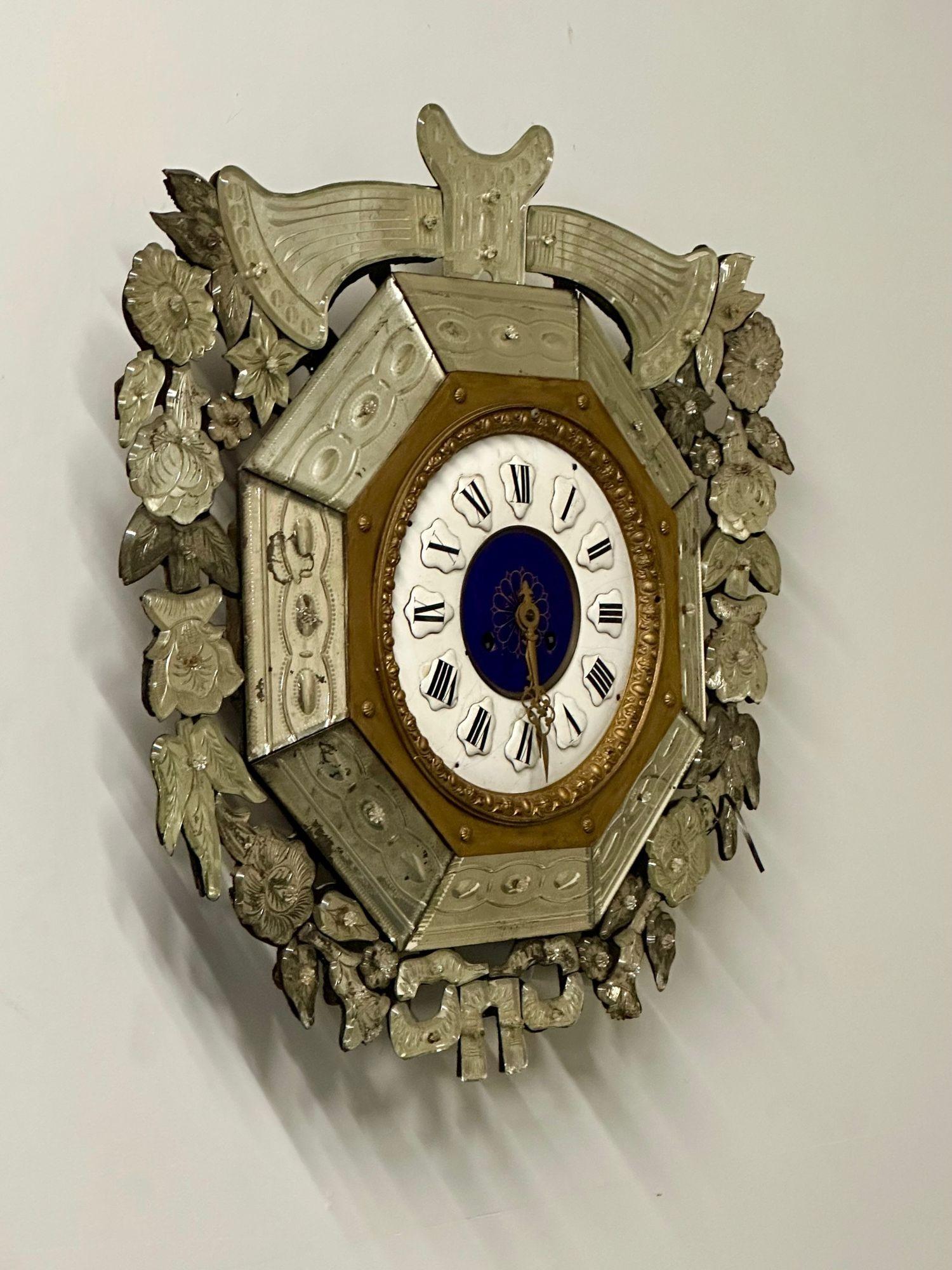 Viennese Enamel and Mirrored Hanging Wall Clock, Porcelain Face, Art Deco, 1960s In Good Condition In Manhasset, NY