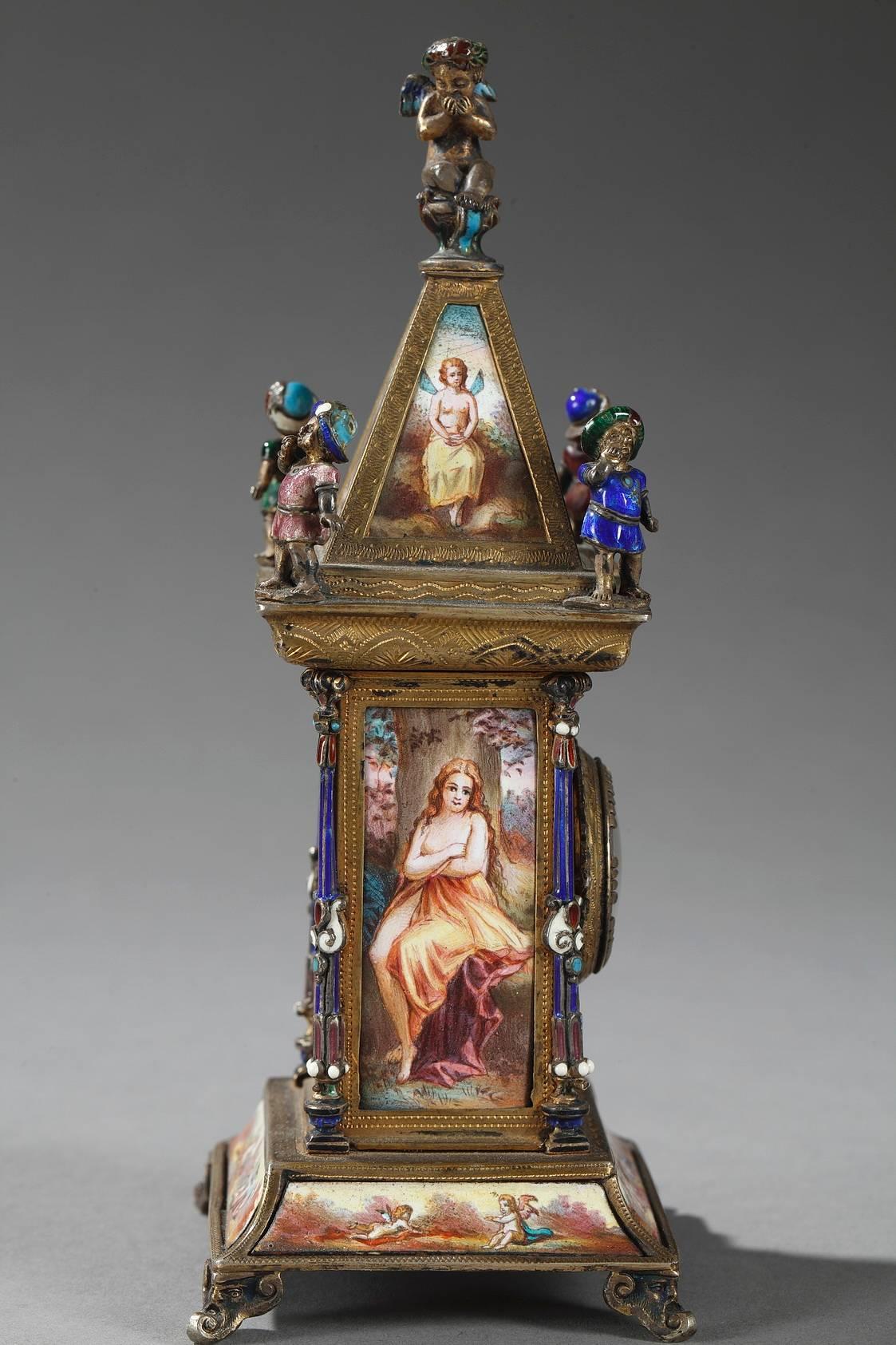 Gothic Revival Viennese Enamel and Silver Clock, 19th Century For Sale