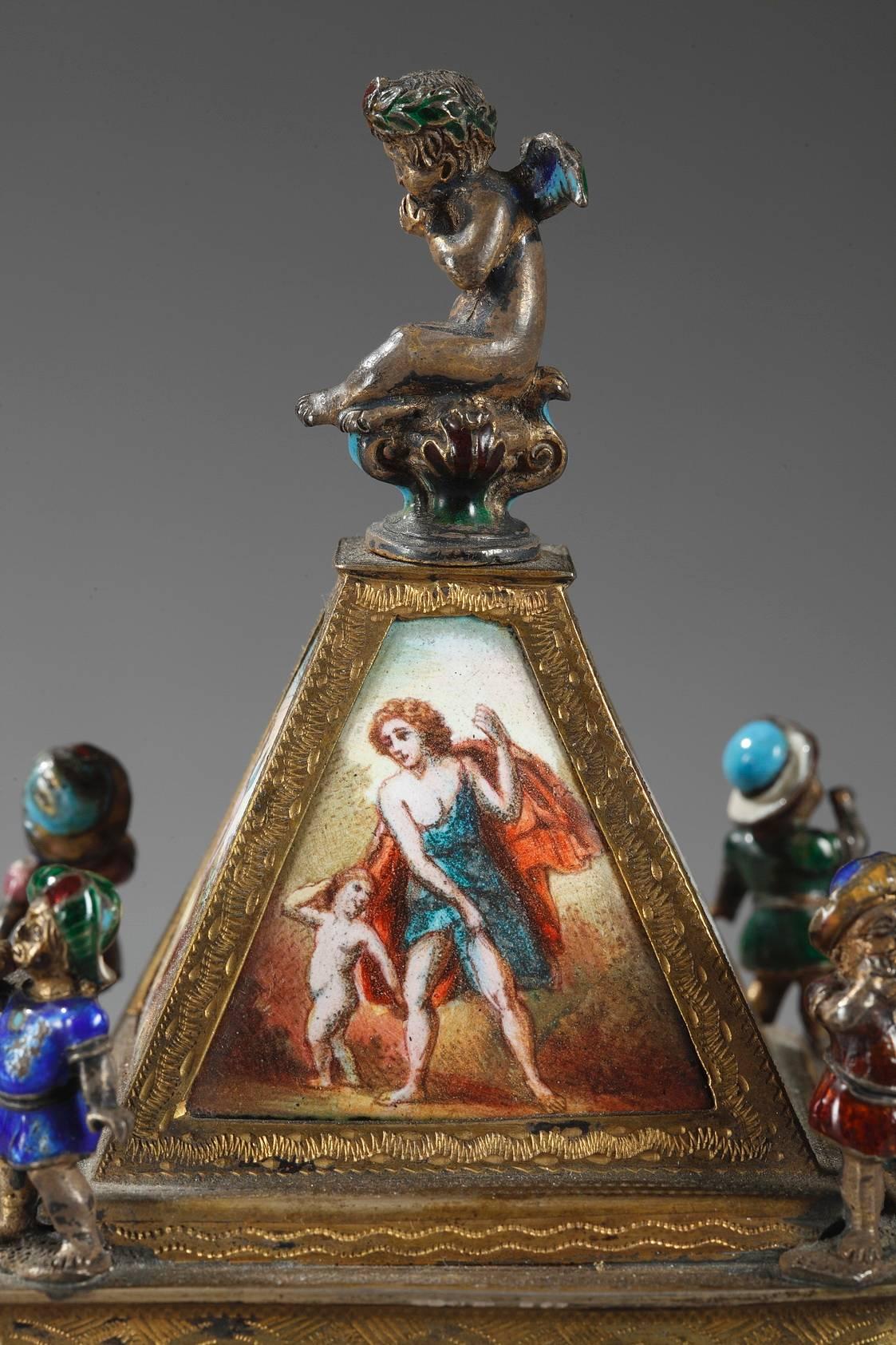 Austrian Viennese Enamel and Silver Clock, 19th Century For Sale