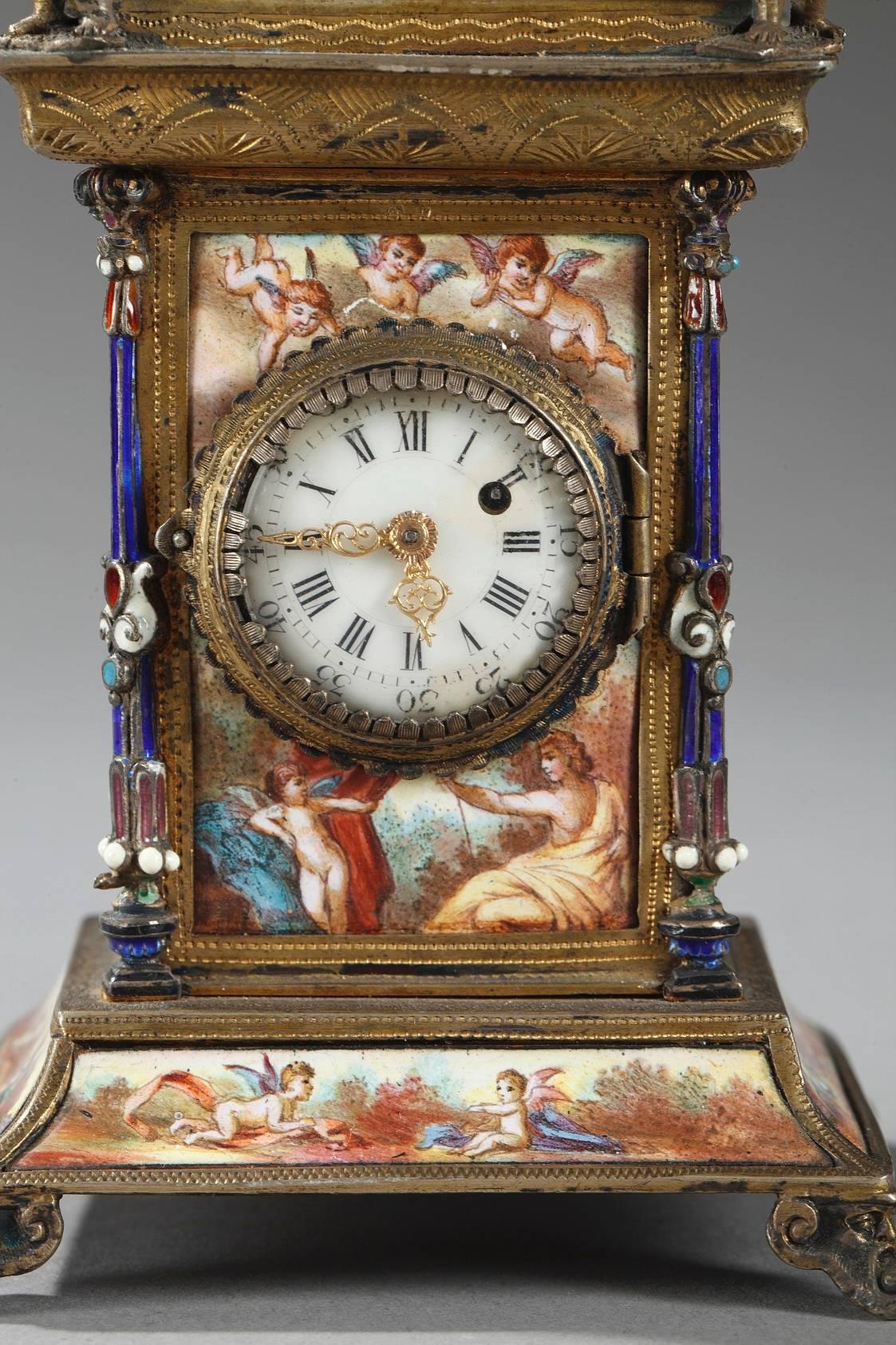 Viennese Enamel and Silver Clock, 19th Century In Good Condition For Sale In Paris, FR