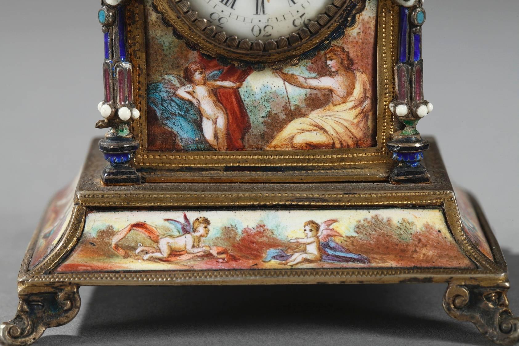 Mid-19th Century Viennese Enamel and Silver Clock, 19th Century For Sale