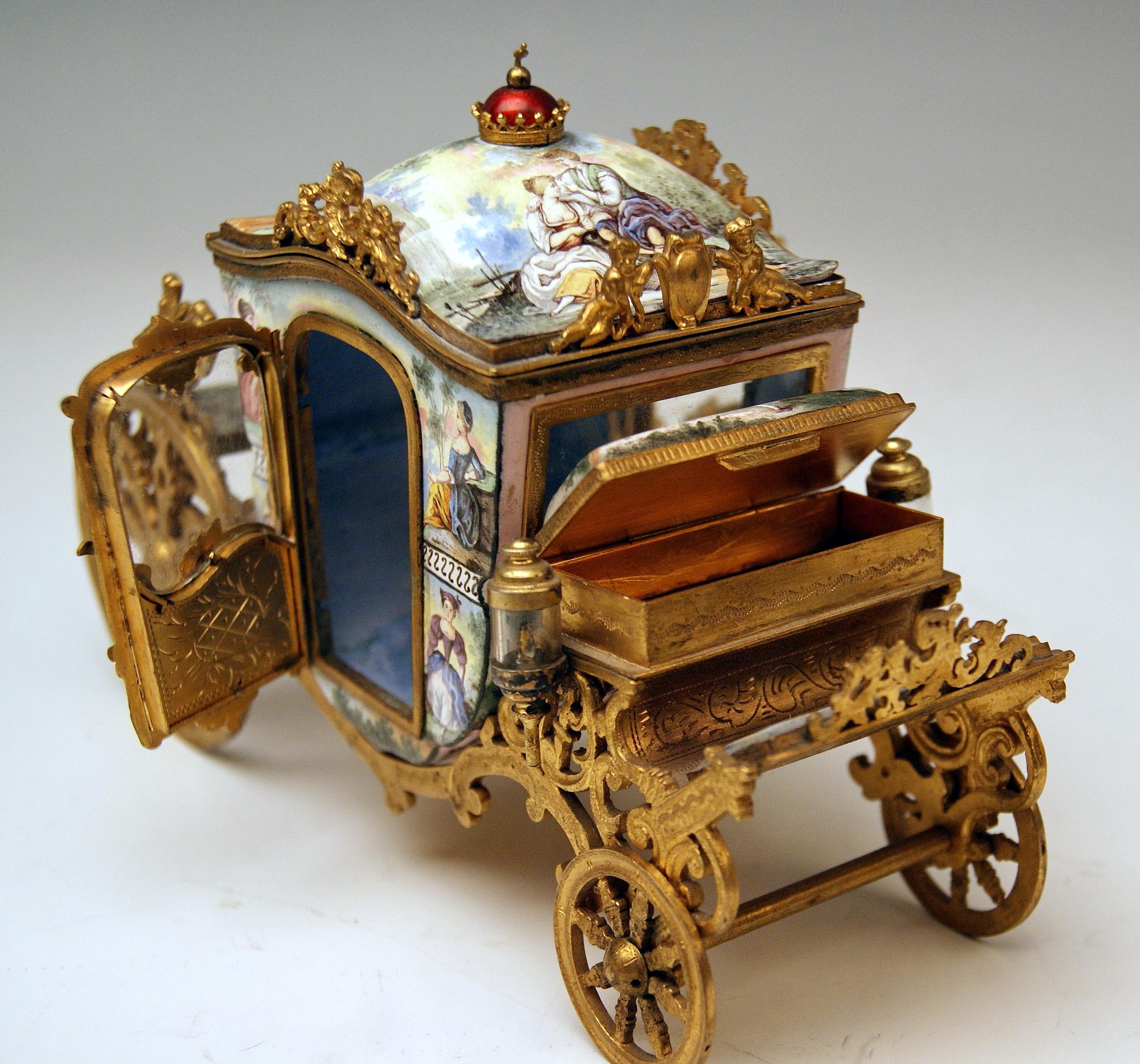 High Victorian Viennese Enamel Carriage Painted Gilt Bronze Mountings Vienna Made circa 1880