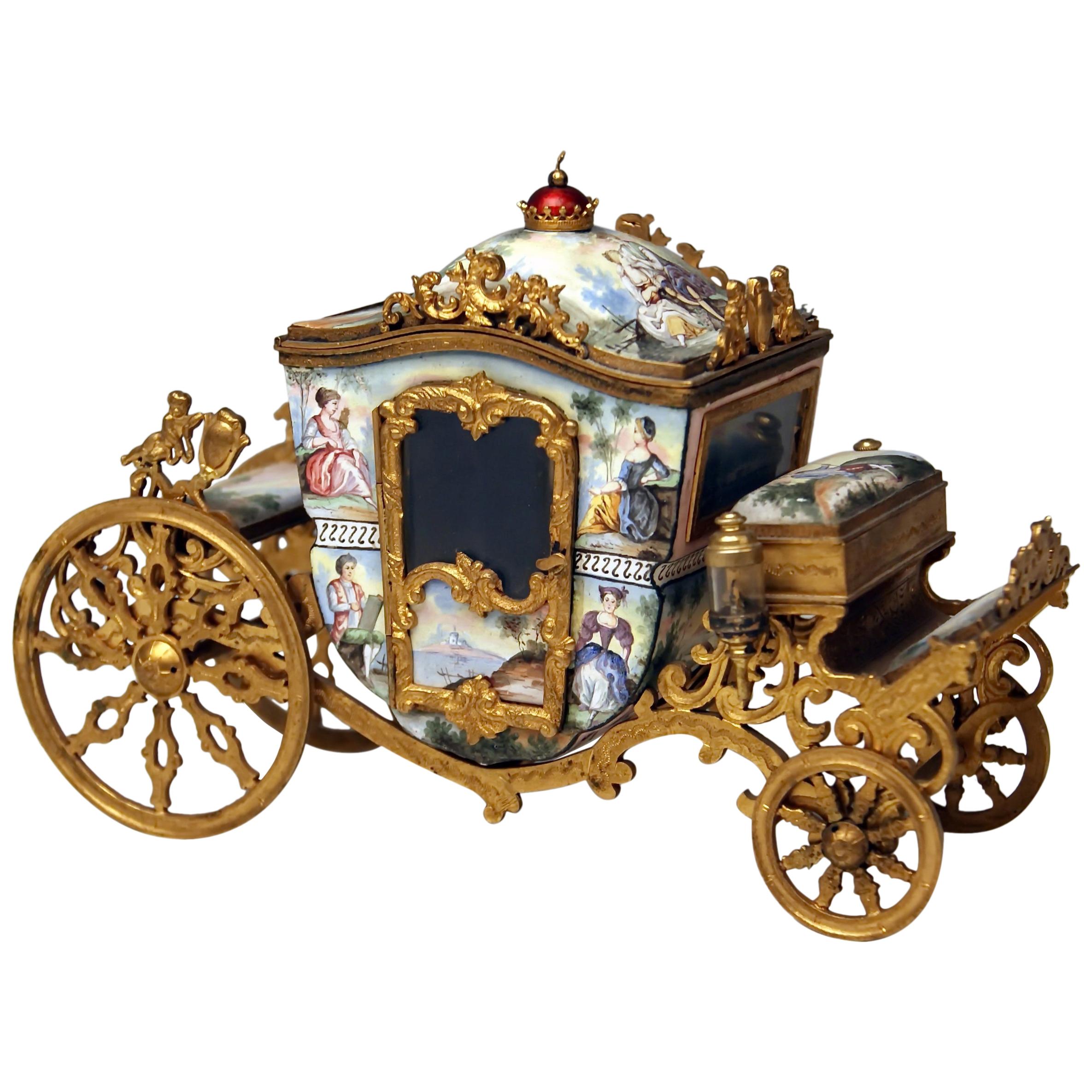 Viennese Enamel Carriage Painted Gilt Bronze Mountings Vienna Made circa 1880