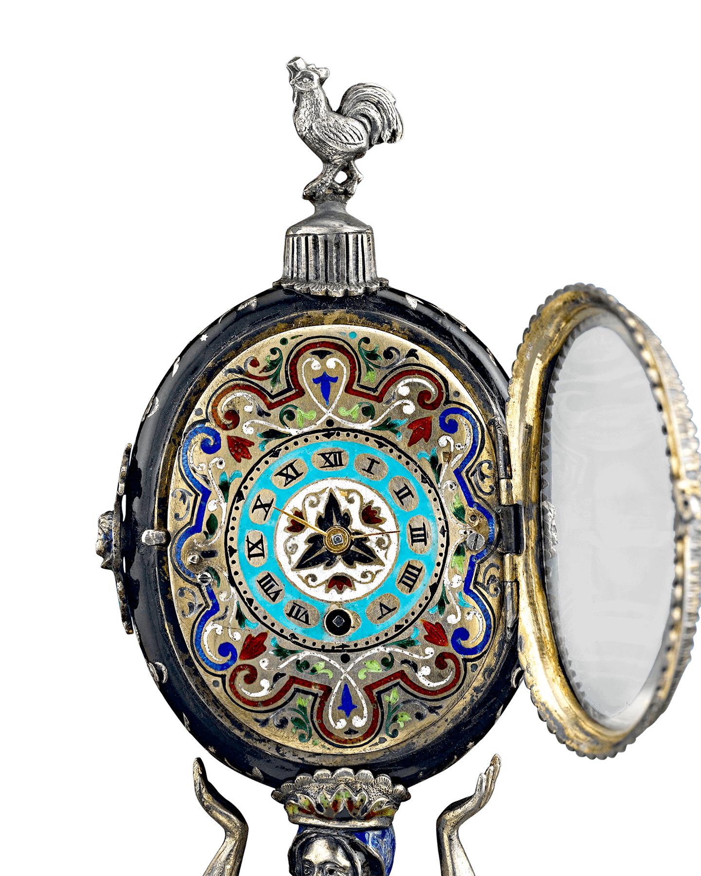 A work of exceptional detail, this magnificent Viennese clock takes the art form of enameling to new heights. The elaborately fashioned timepiece rests atop the head of a soldier, who stands on a pedestal populated by sphinxes. Exceptional details