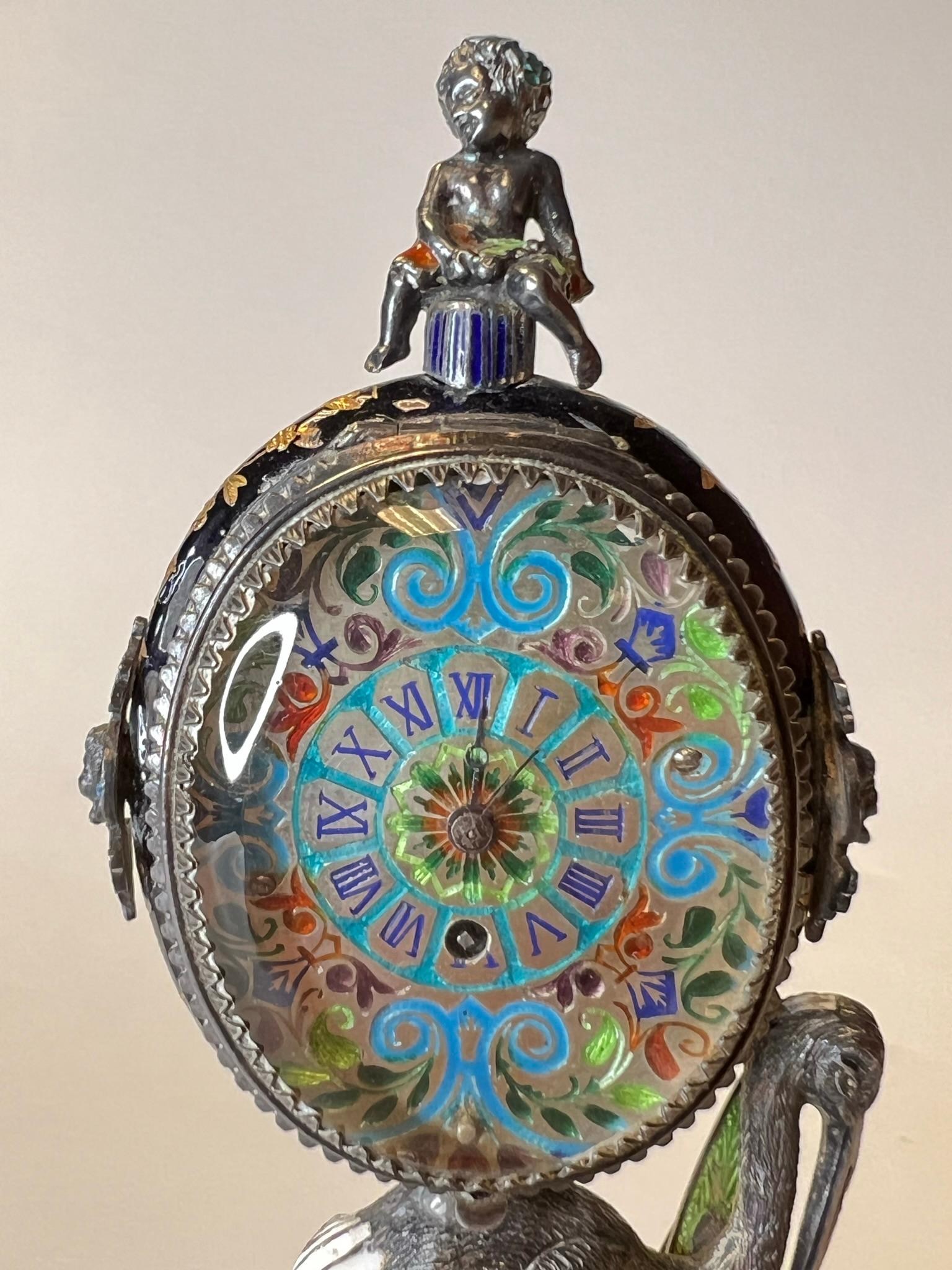 Viennese Enameled Silver Table Clock Attributed to Herman Bohm 7