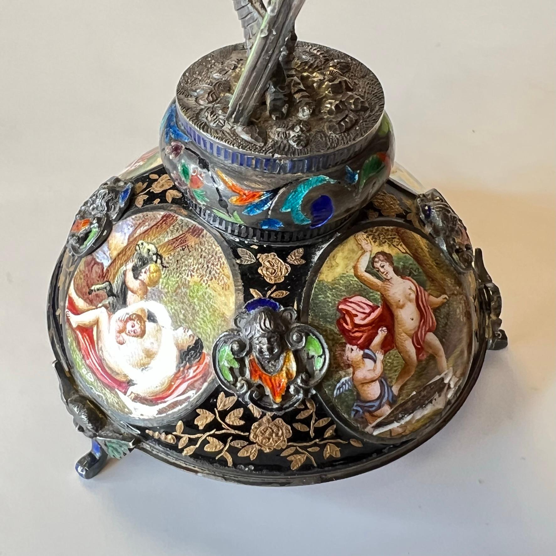 Viennese Enameled Silver Table Clock Attributed to Herman Bohm 13