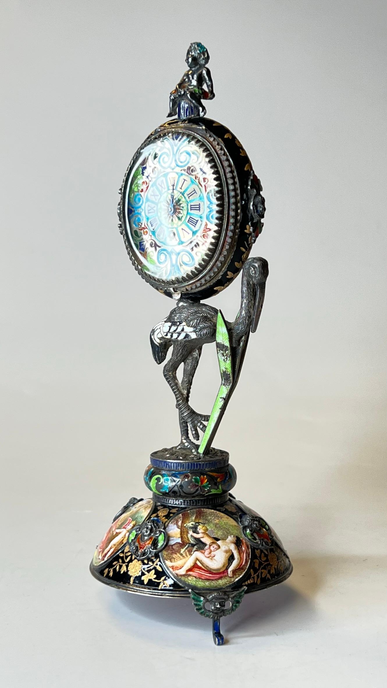 Austrian Viennese Enameled Silver Table Clock Attributed to Herman Bohm
