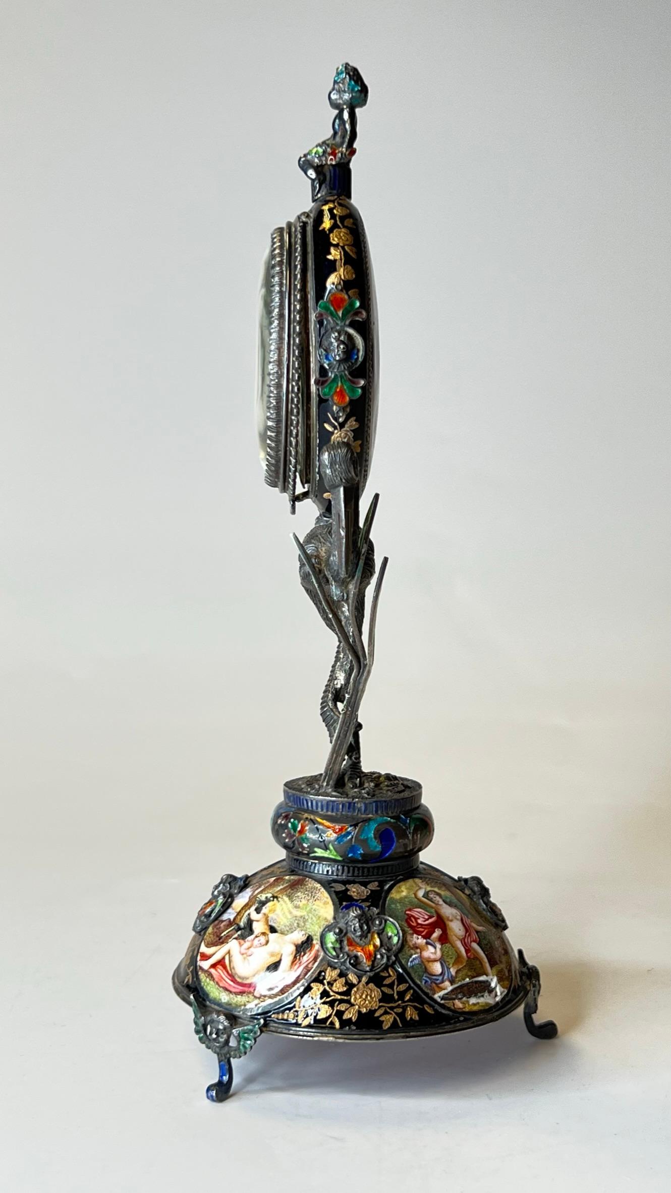 Viennese Enameled Silver Table Clock Attributed to Herman Bohm In Good Condition In New York, NY