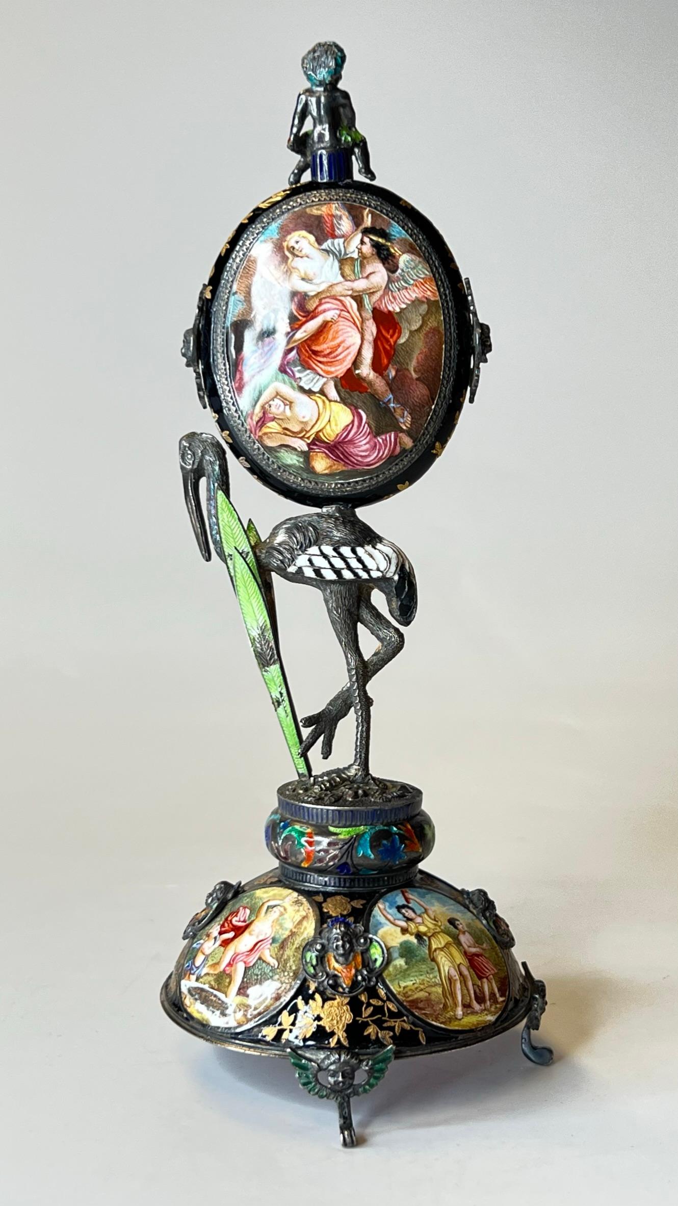 19th Century Viennese Enameled Silver Table Clock Attributed to Herman Bohm