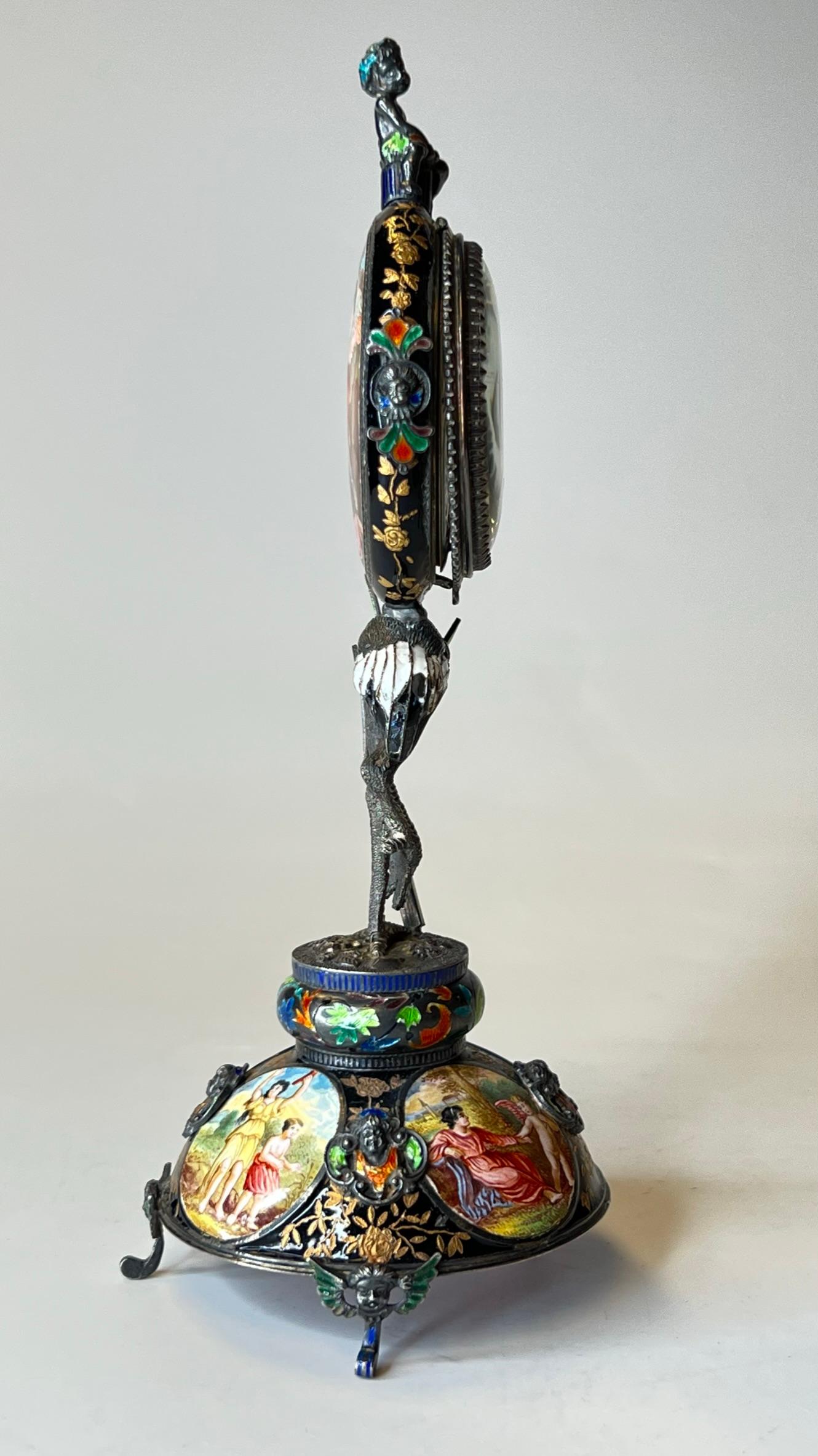 Viennese Enameled Silver Table Clock Attributed to Herman Bohm 1