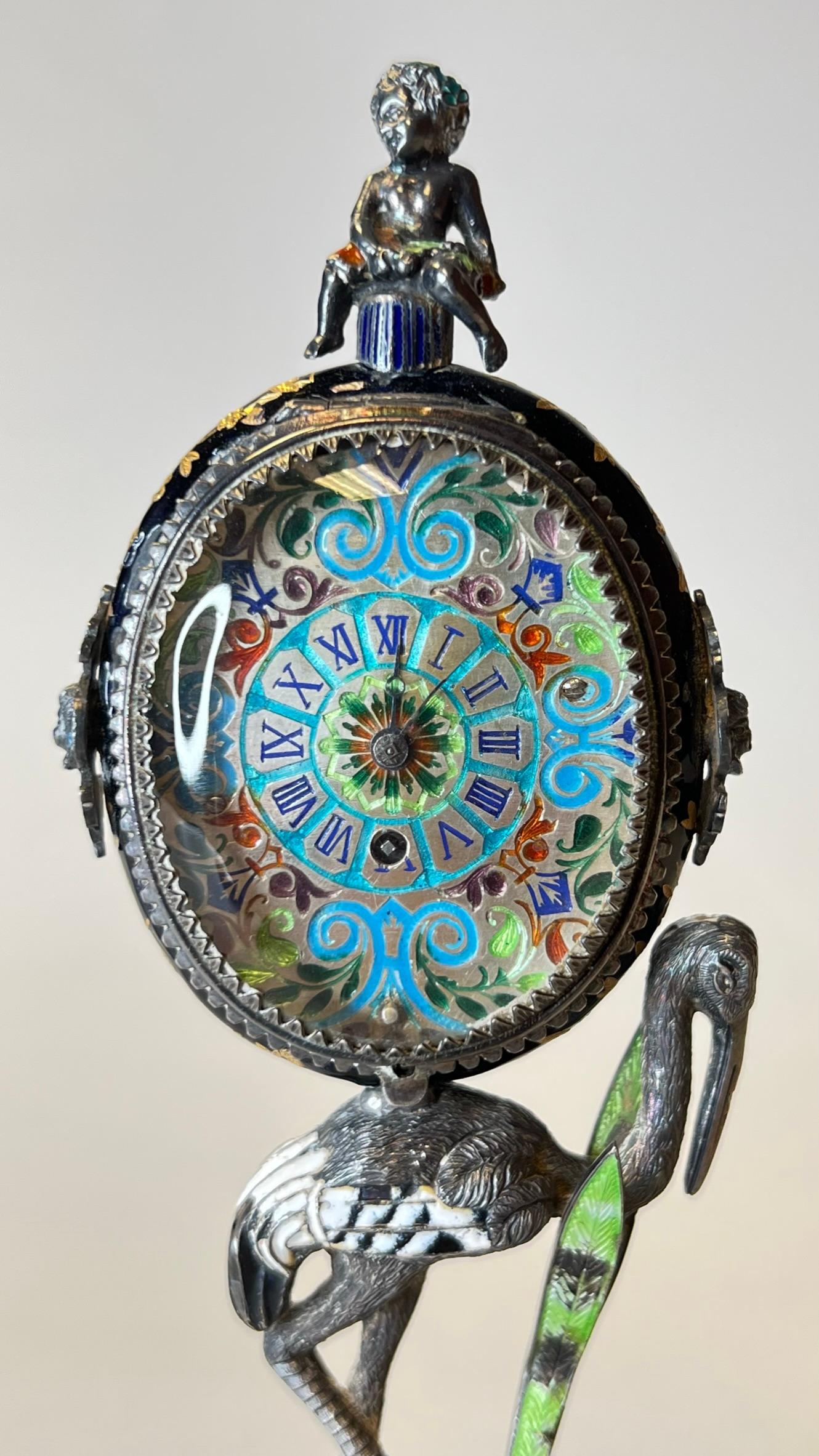 Viennese Enameled Silver Table Clock Attributed to Herman Bohm 2
