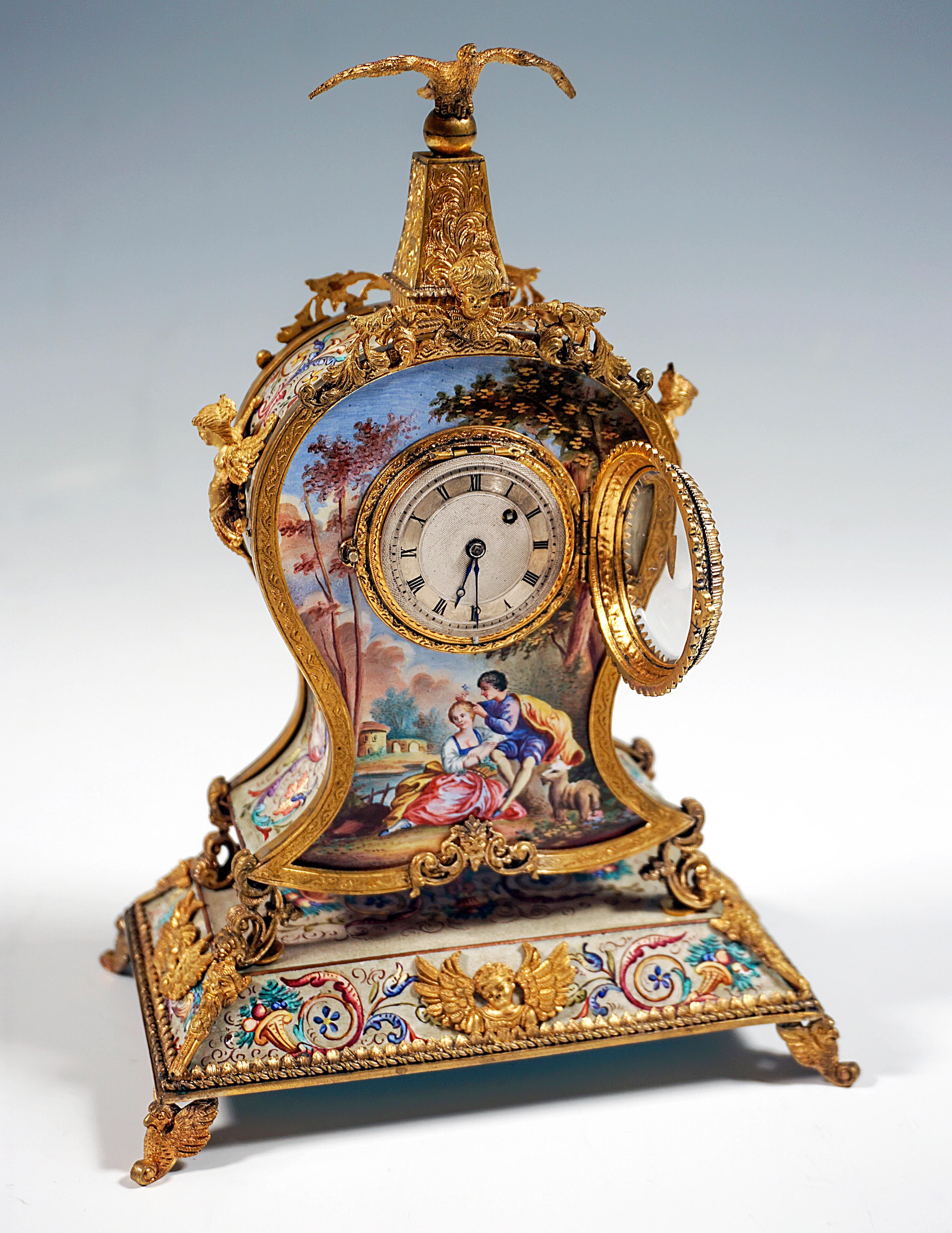  Viennese Gilt Silver & Enamel Table Clock With Gallant Scenes Painting, Ca 1880 2