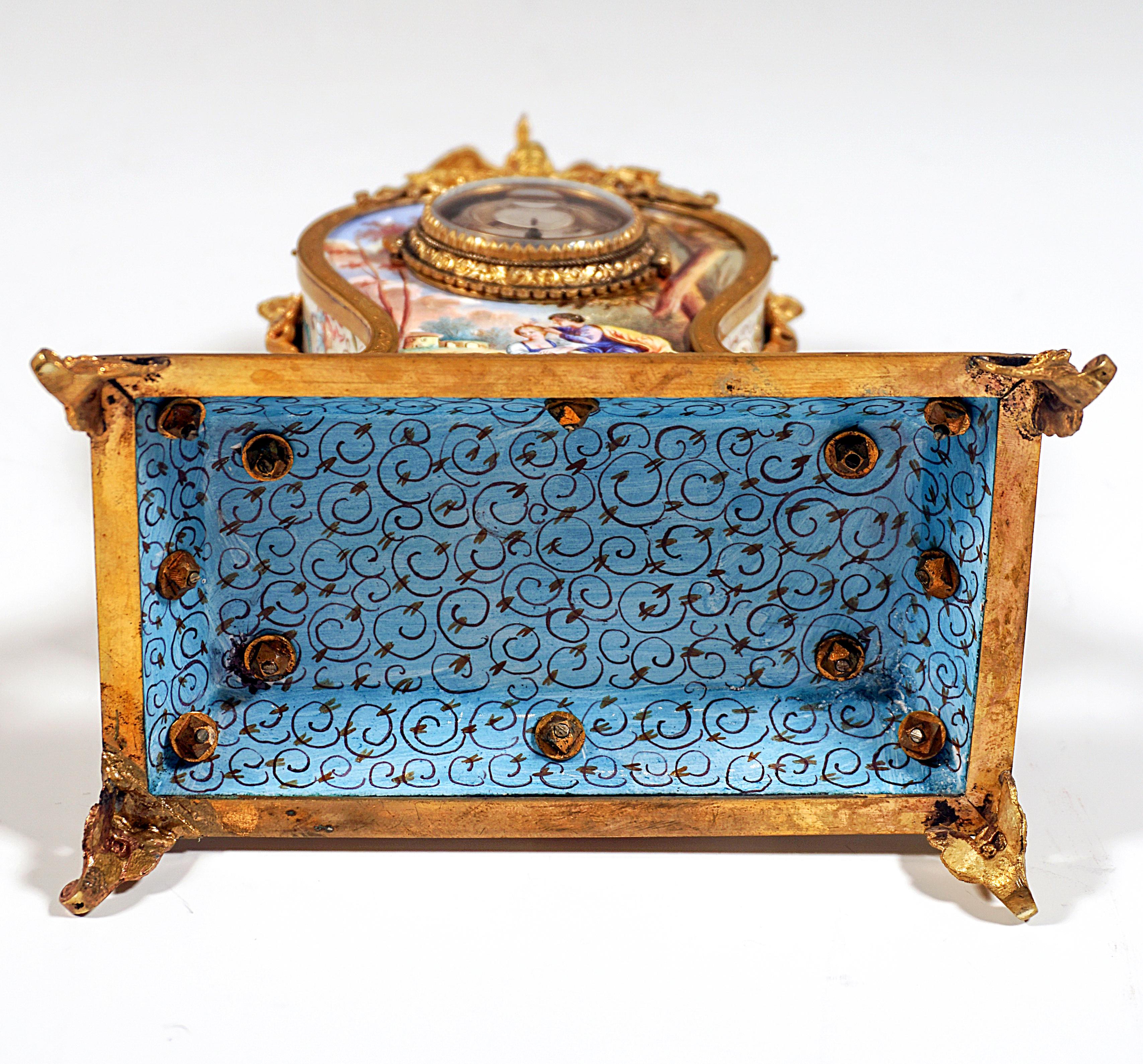  Viennese Gilt Silver & Enamel Table Clock With Gallant Scenes Painting, Ca 1880 5