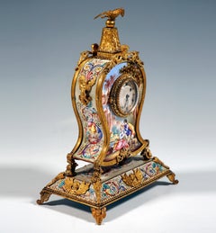 Viennese Gilt Silver & Enamel Table Clock With Gallant Scenes Painting, Ca 1880