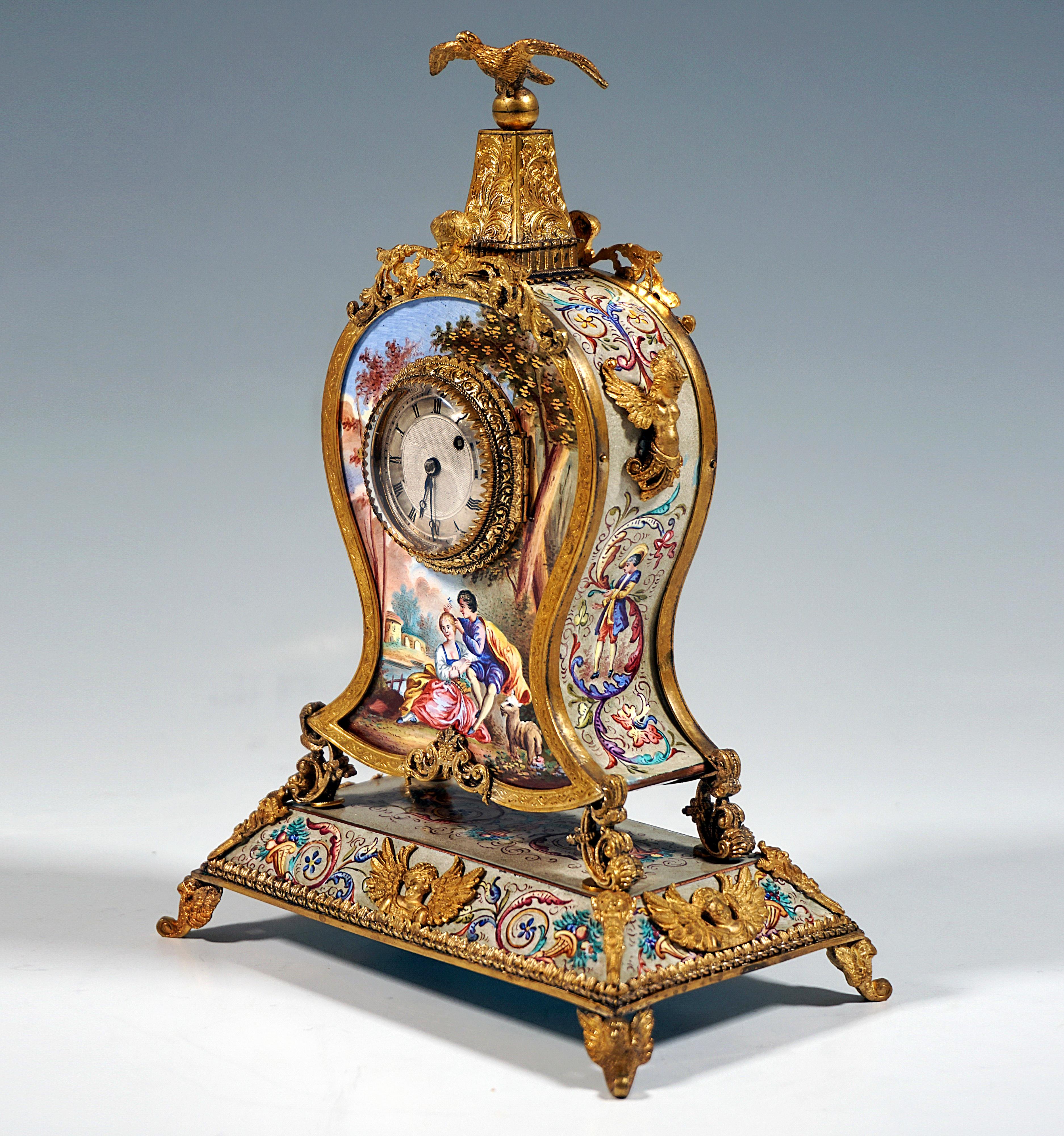 Other  Viennese Gilt Silver & Enamel Table Clock With Gallant Scenes Painting, Ca 1880