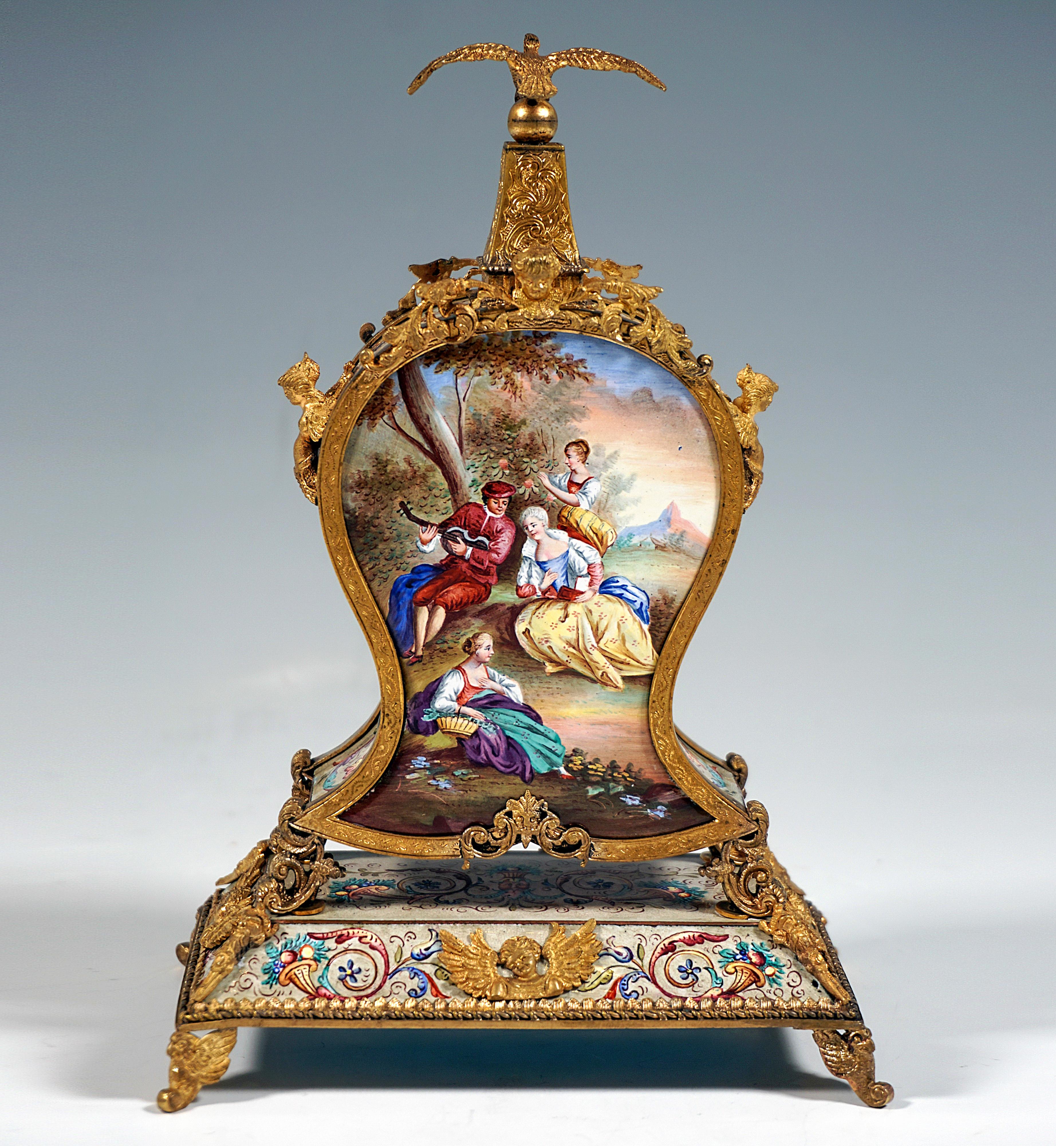 Austrian  Viennese Gilt Silver & Enamel Table Clock With Gallant Scenes Painting, Ca 1880