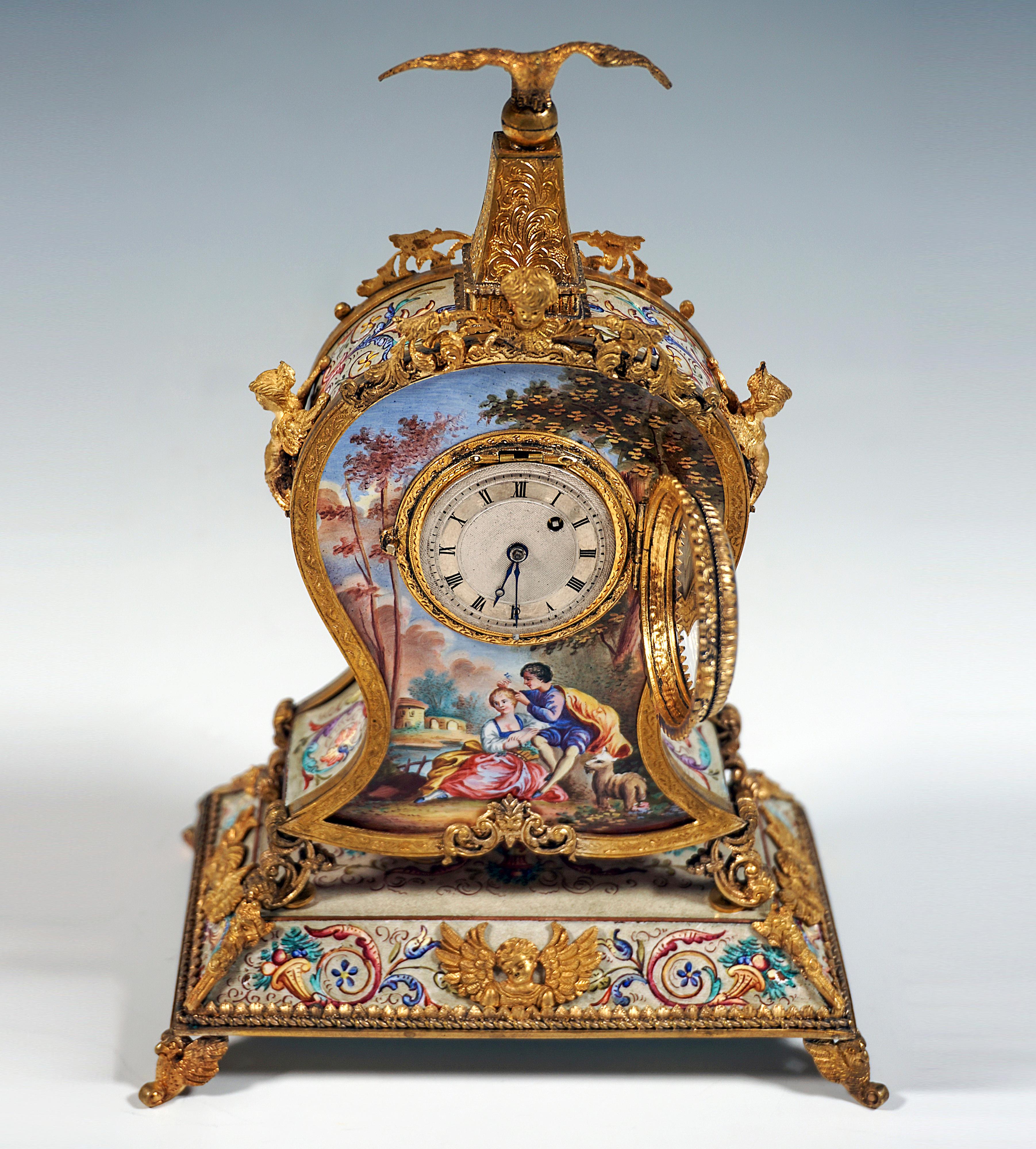 Hand-Crafted  Viennese Gilt Silver & Enamel Table Clock With Gallant Scenes Painting, Ca 1880