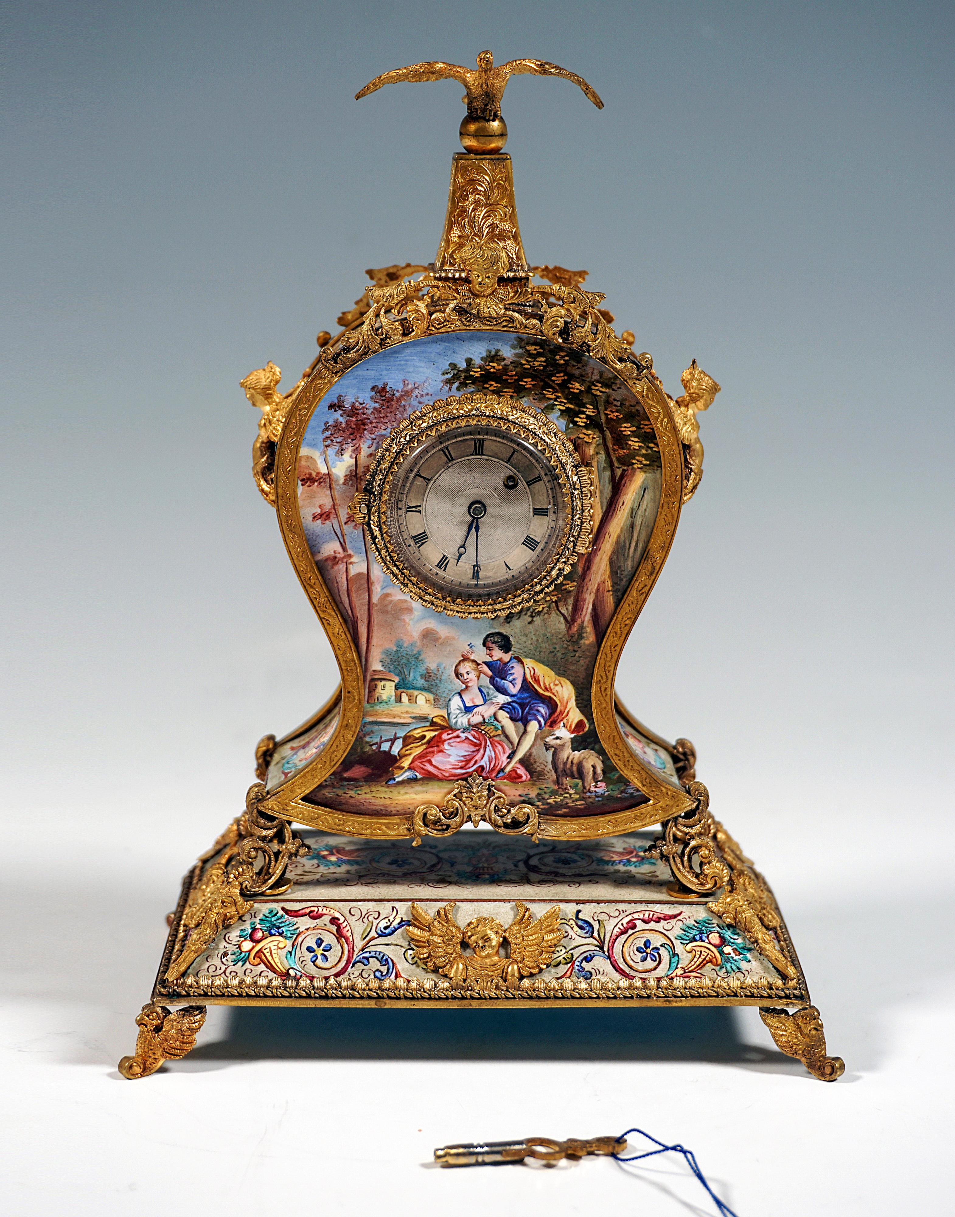 Viennese Gilt Silver & Enamel Table Clock With Gallant Scenes Painting, Ca 1880 In Good Condition In Vienna, AT