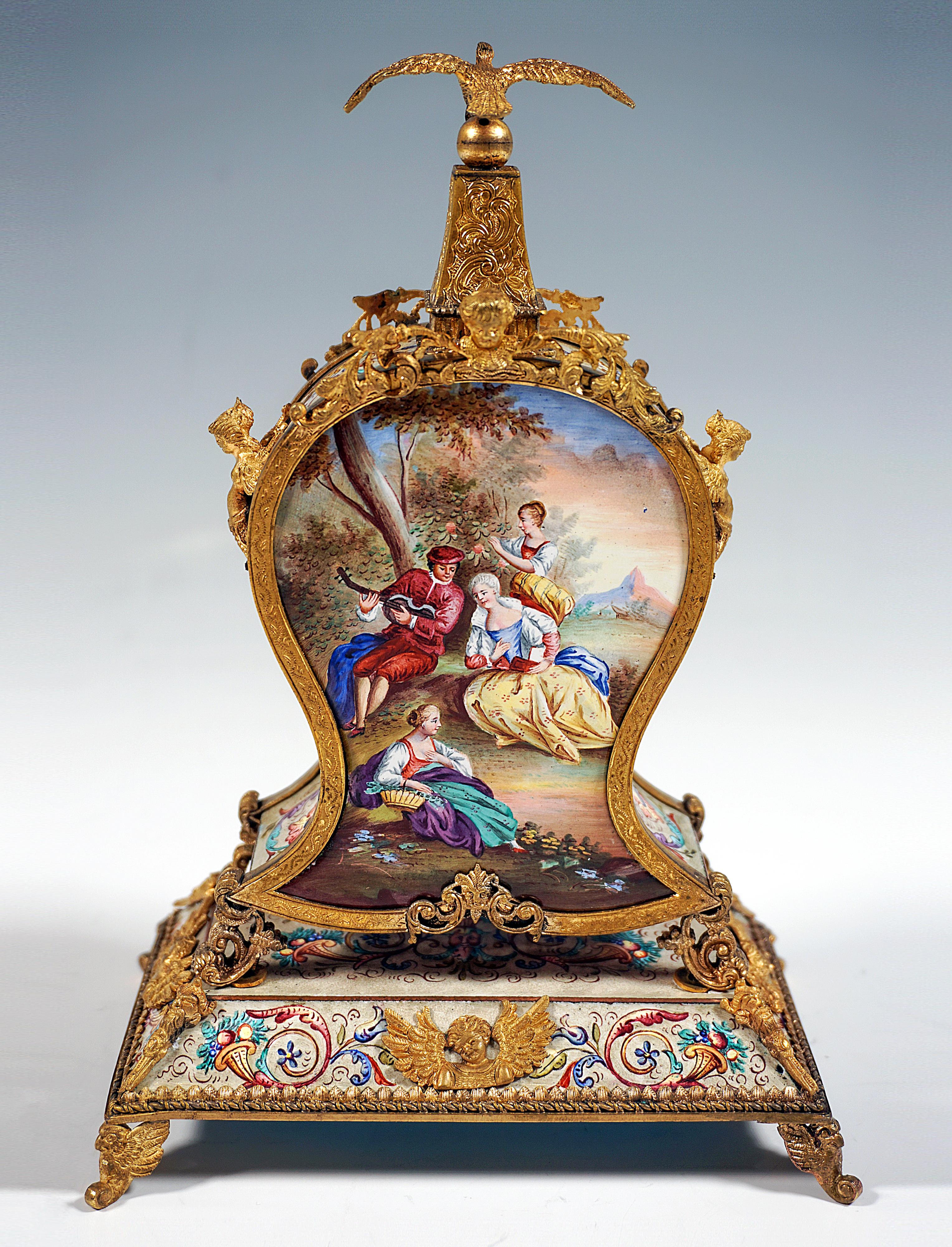  Viennese Gilt Silver & Enamel Table Clock With Gallant Scenes Painting, Ca 1880 1