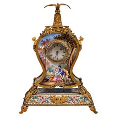  Viennese Gilt Silver & Enamel Table Clock With Gallant Scenes Painting, Ca 1880