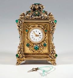 Viennese Gilt Silver Splendid Table Clock With Green Chalcedony Trimming, C 1880