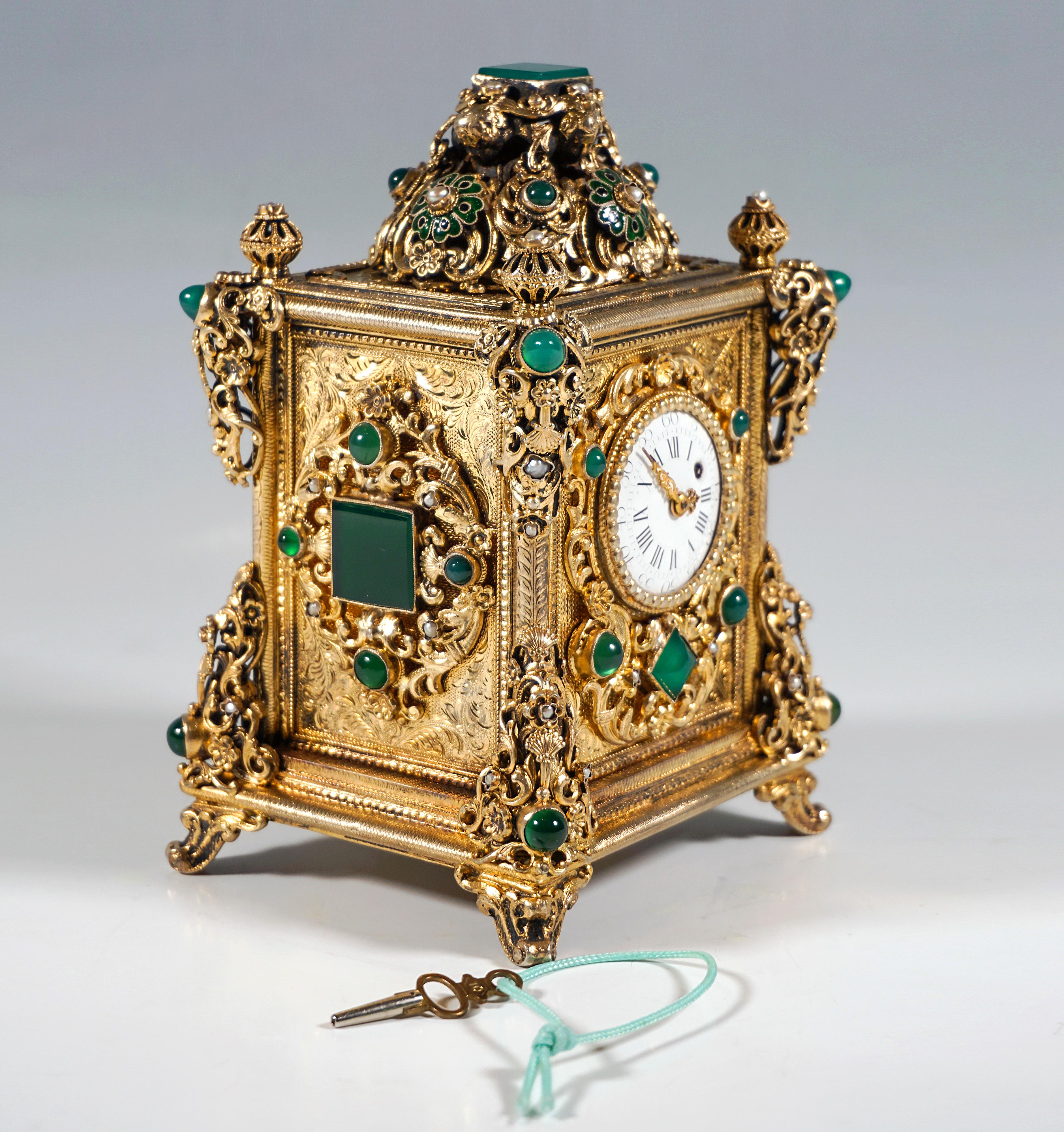 Other Viennese Gilt Silver Splendid Table Clock With Green Chalcedony Trimming, C 1880