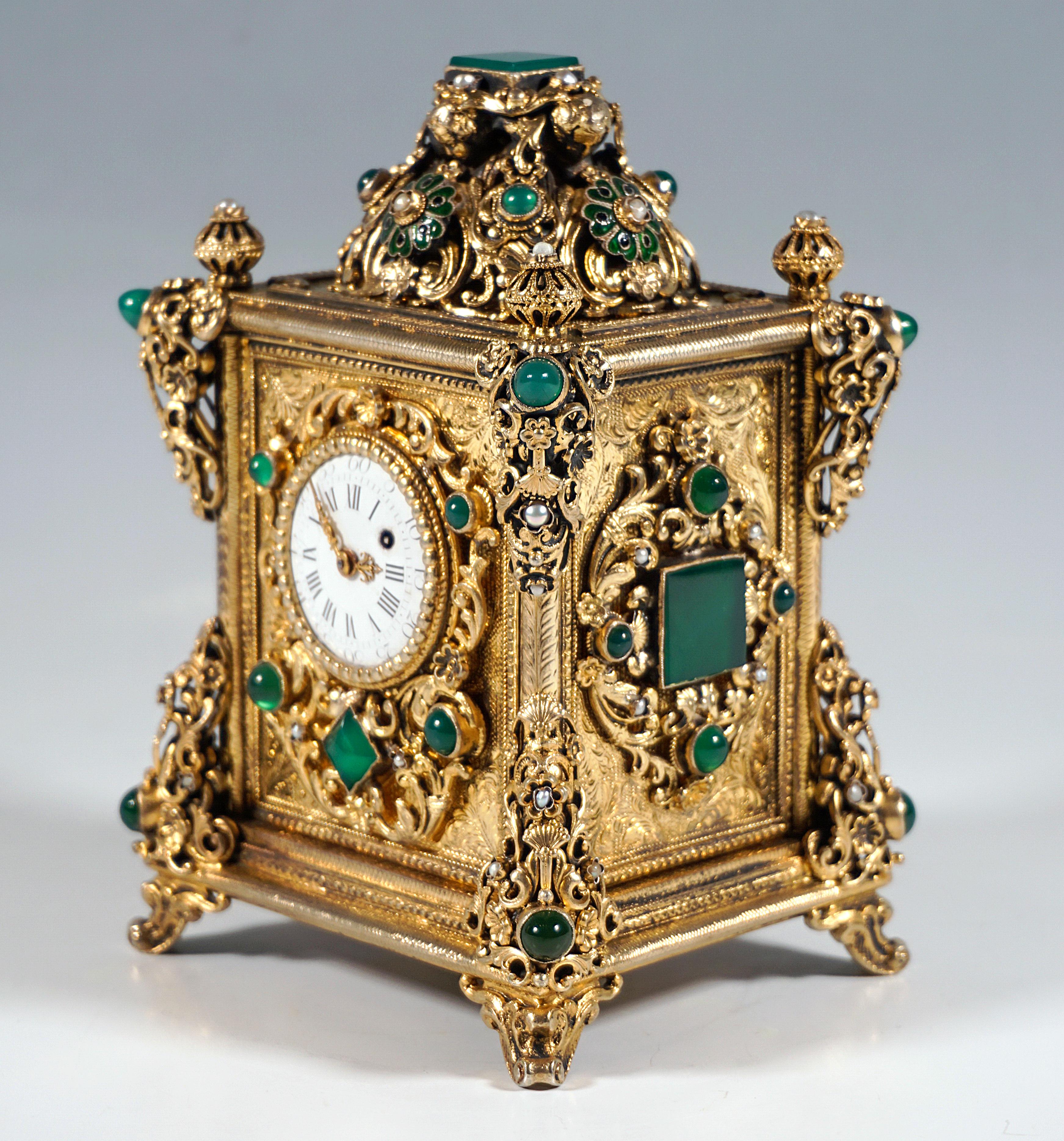Austrian Viennese Gilt Silver Splendid Table Clock With Green Chalcedony Trimming, C 1880
