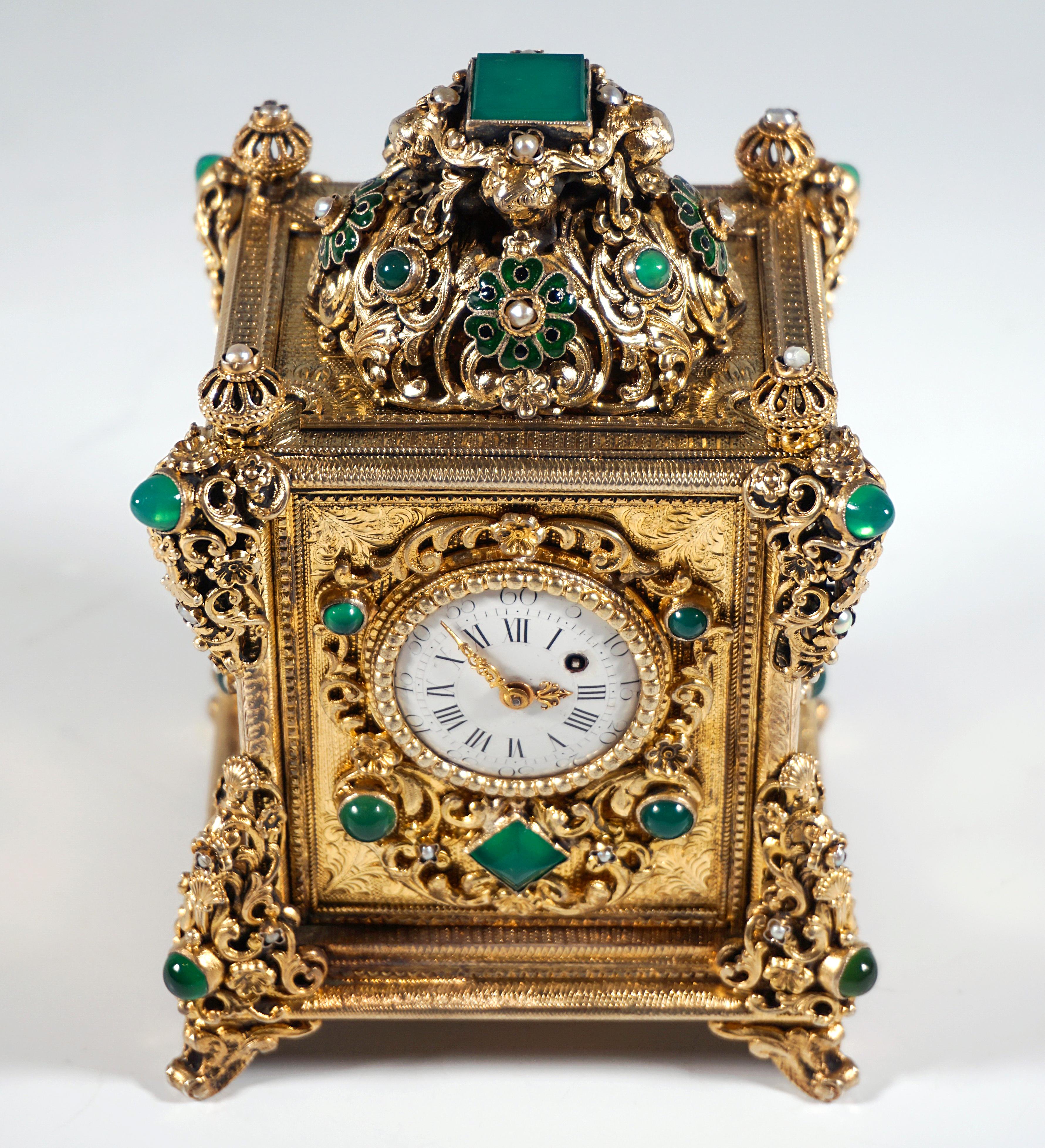Hand-Crafted Viennese Gilt Silver Splendid Table Clock With Green Chalcedony Trimming, C 1880