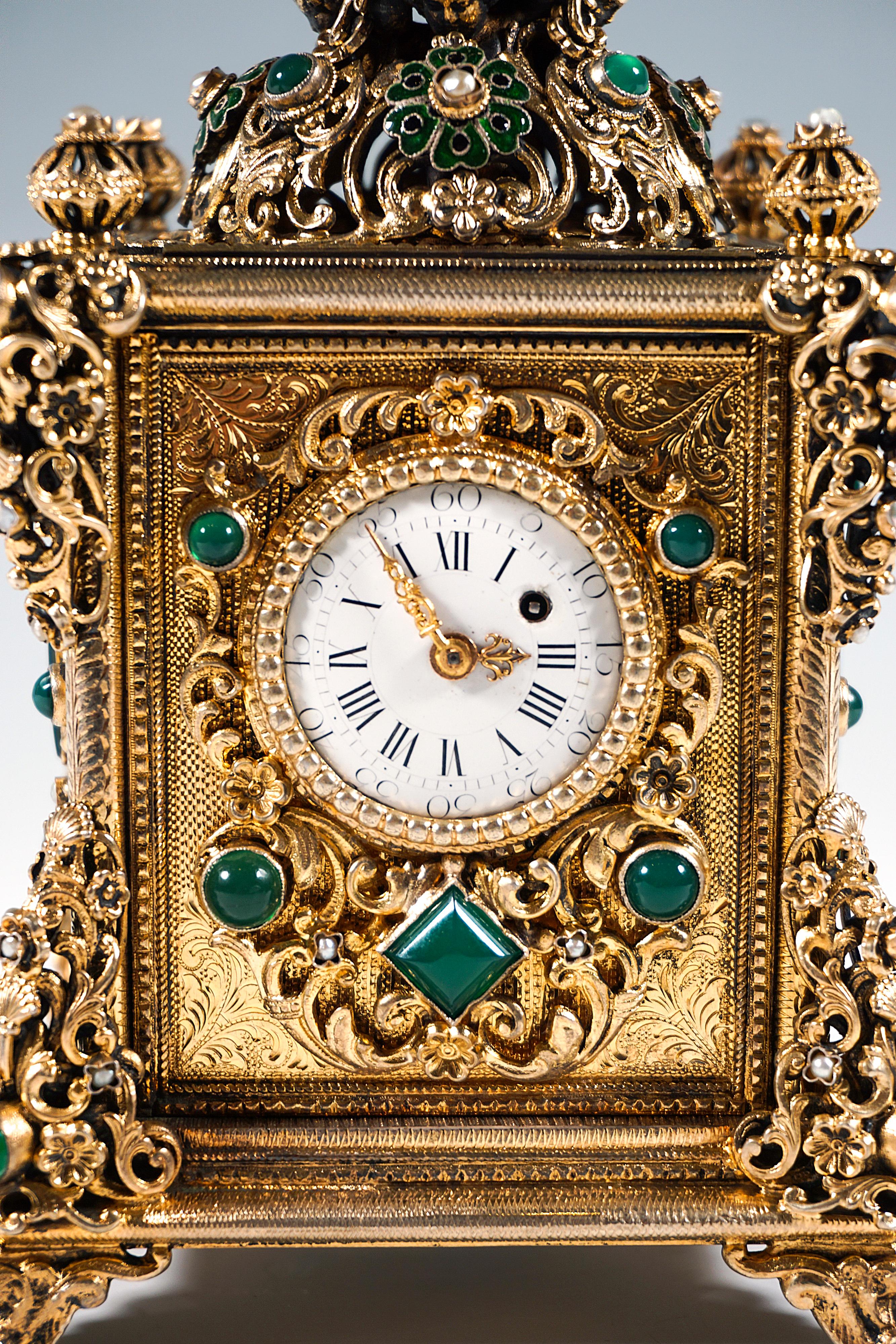 Viennese Gilt Silver Splendid Table Clock With Green Chalcedony Trimming, C 1880 In Good Condition In Vienna, AT
