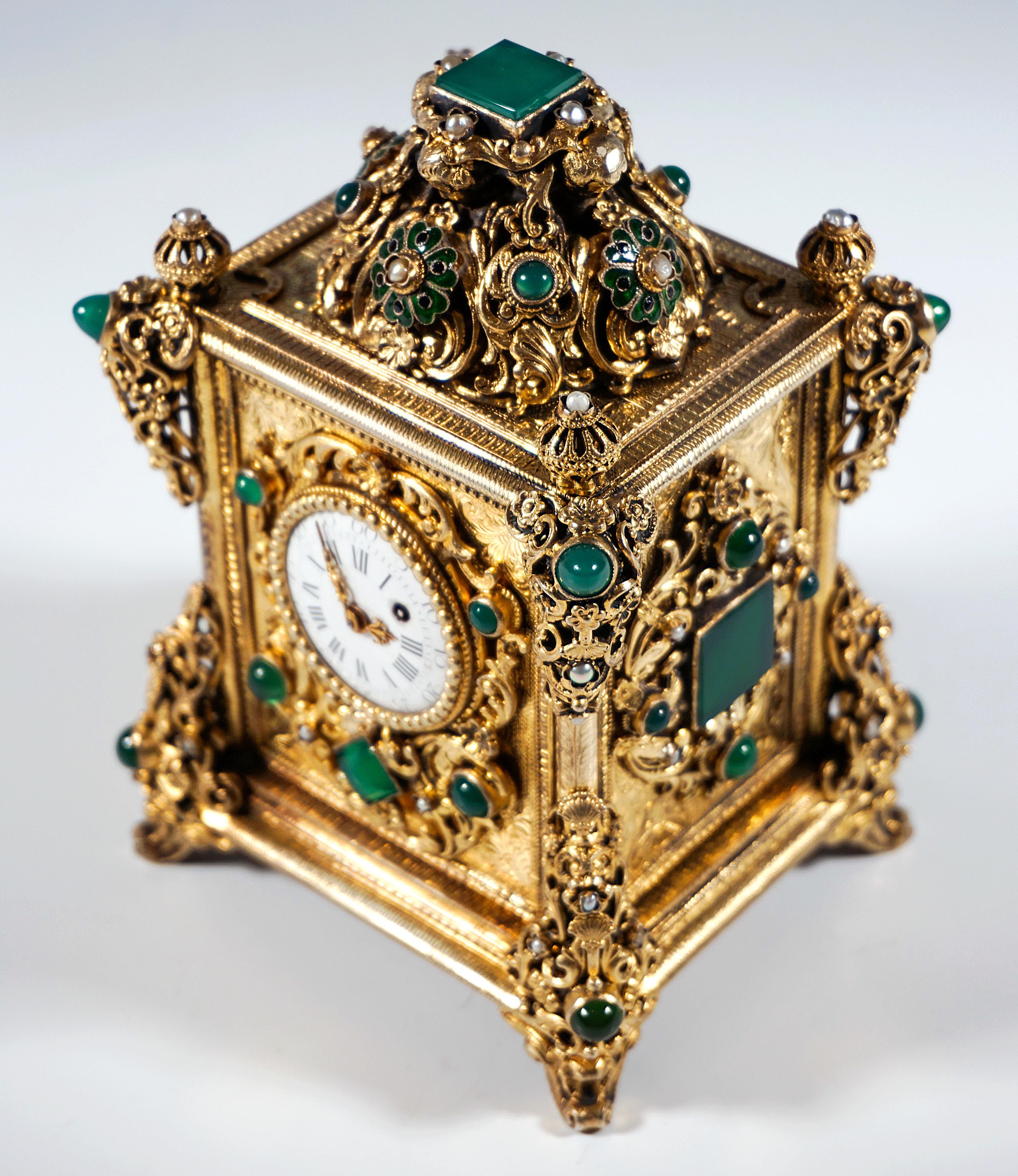 Late 19th Century Viennese Gilt Silver Splendid Table Clock With Green Chalcedony Trimming, C 1880