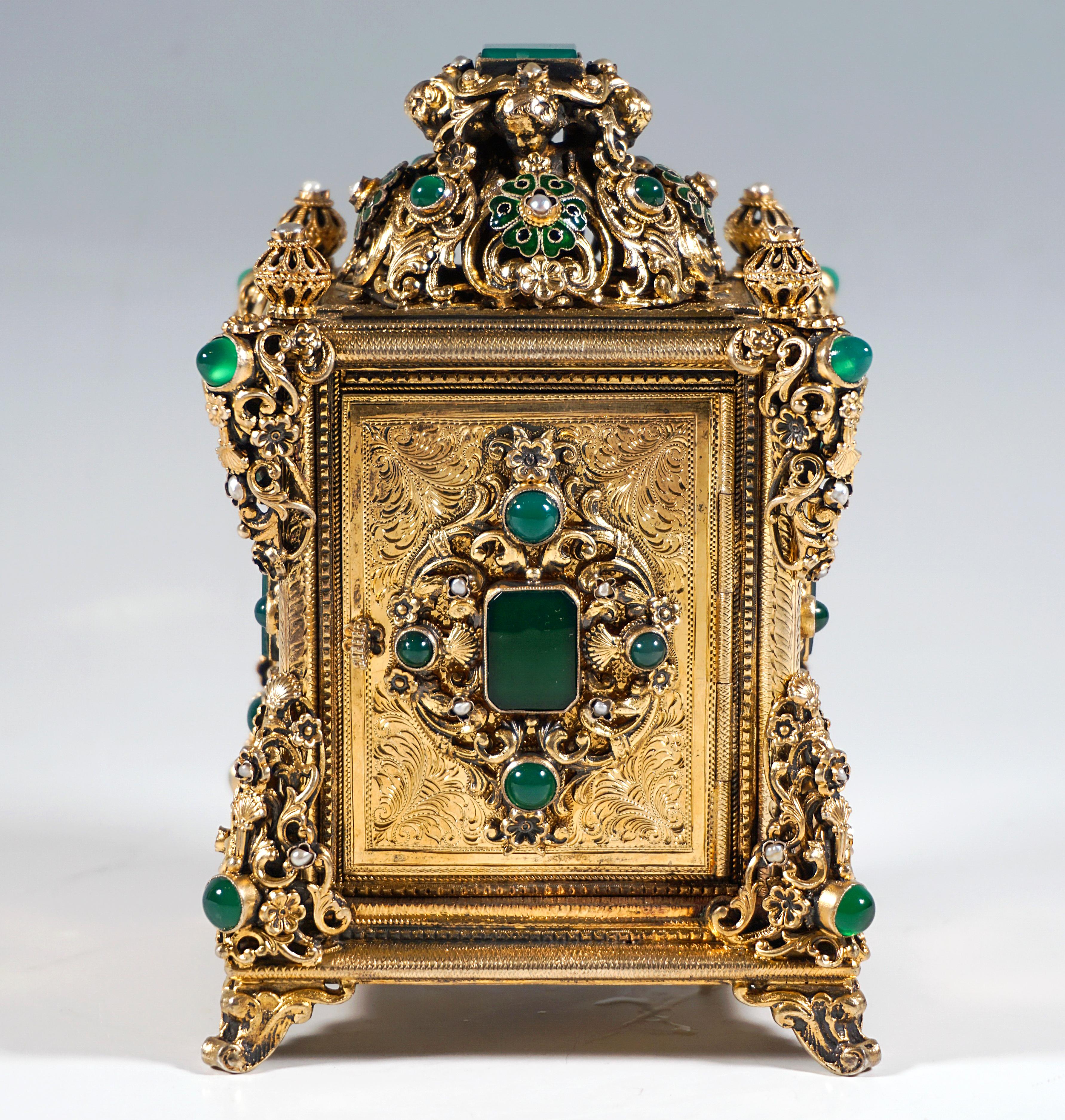 Gold Plate Viennese Gilt Silver Splendid Table Clock With Green Chalcedony Trimming, C 1880