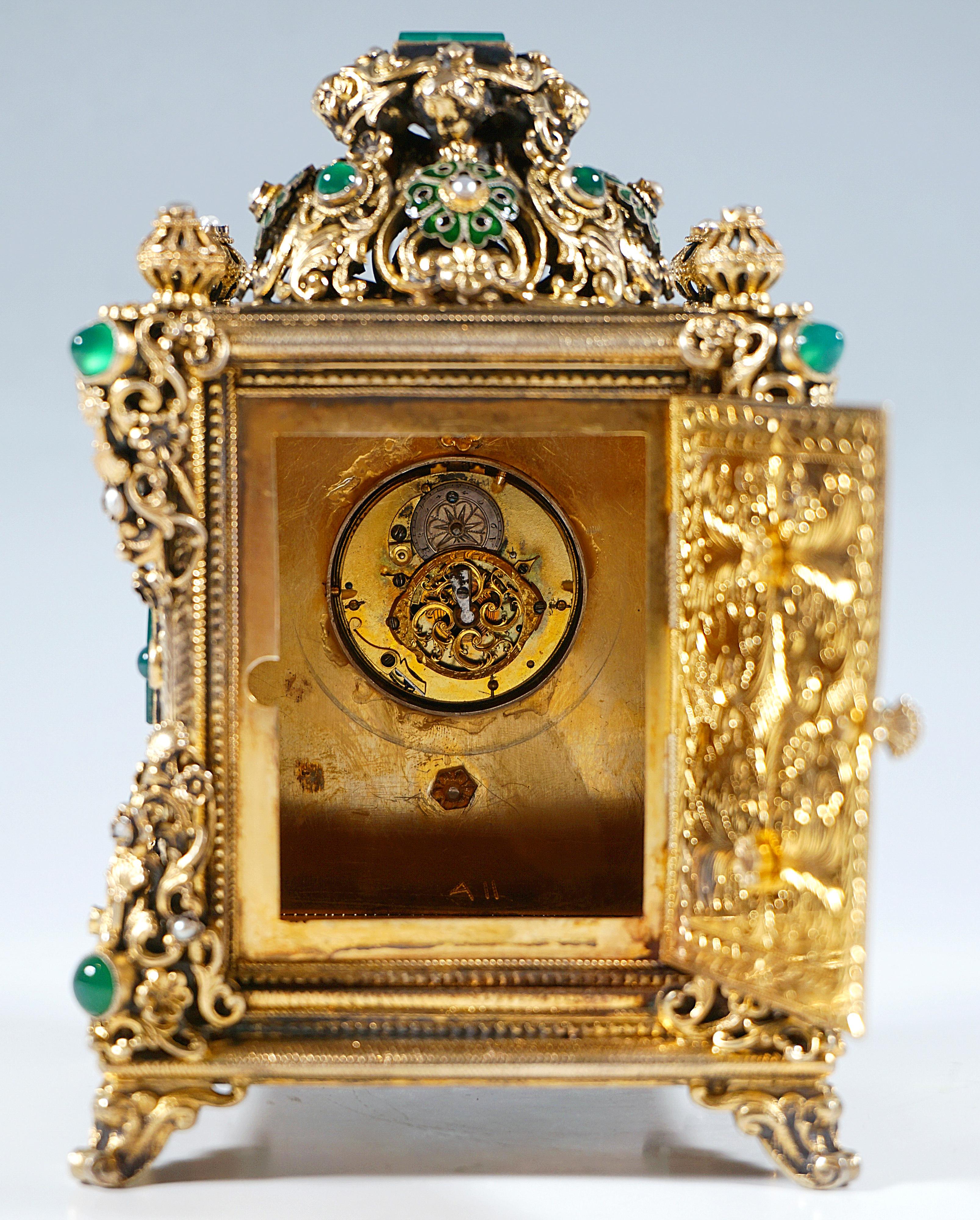 Viennese Gilt Silver Splendid Table Clock With Green Chalcedony Trimming, C 1880 1