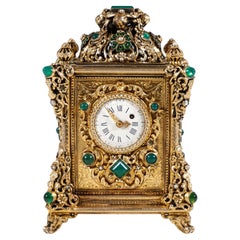 Antique Viennese Gilt Silver Splendid Table Clock With Green Chalcedony Trimming, C 1880