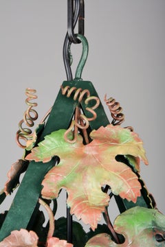 Viennese “Heurigen” Lantern of Wrought Iron with Tinted Glass Wine Leaf Decor