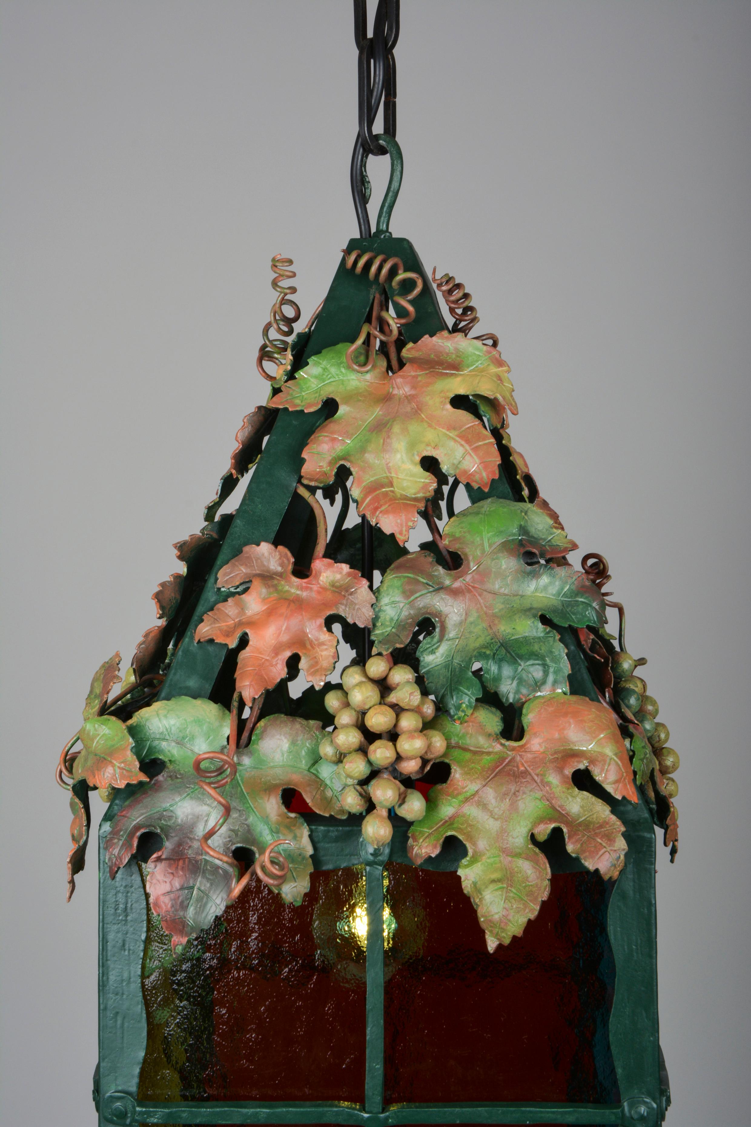 Austrian Viennese “Heurigen” Lantern of Wrought Iron with Tinted Glass Wine Leaf Decor For Sale