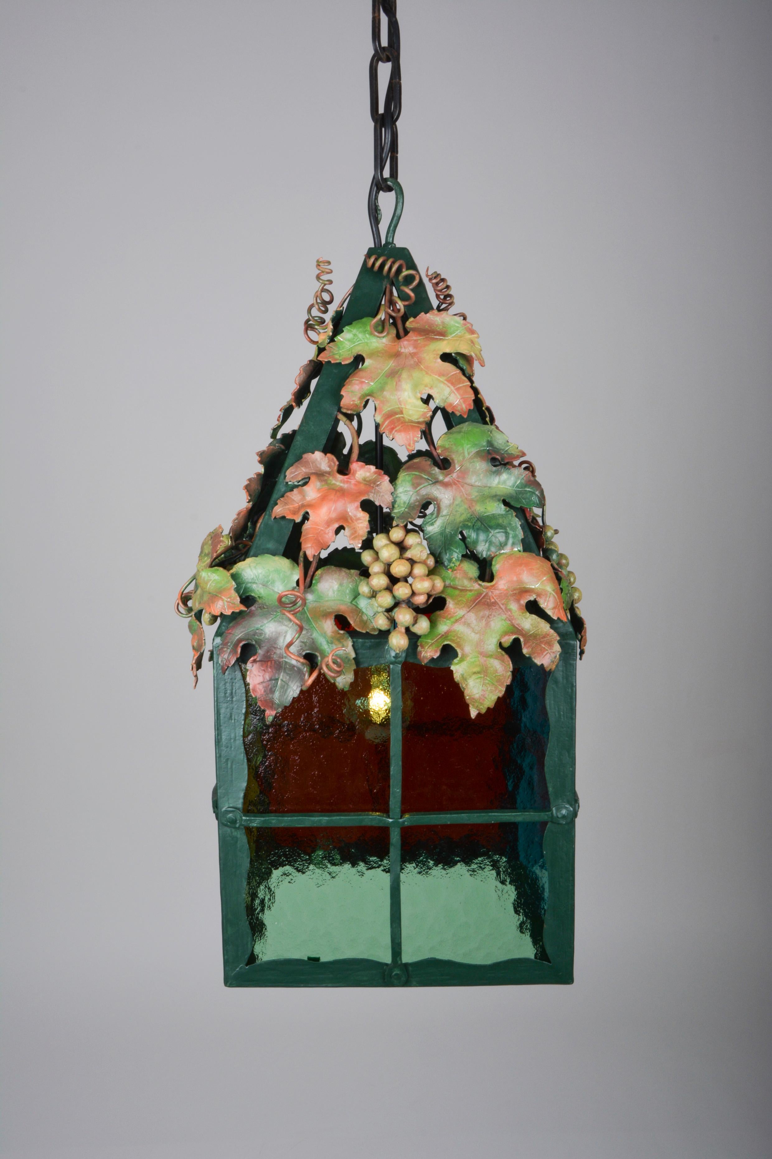 Viennese “Heurigen” Lantern of Wrought Iron with Tinted Glass Wine Leaf Decor In Good Condition For Sale In Vienna, AT