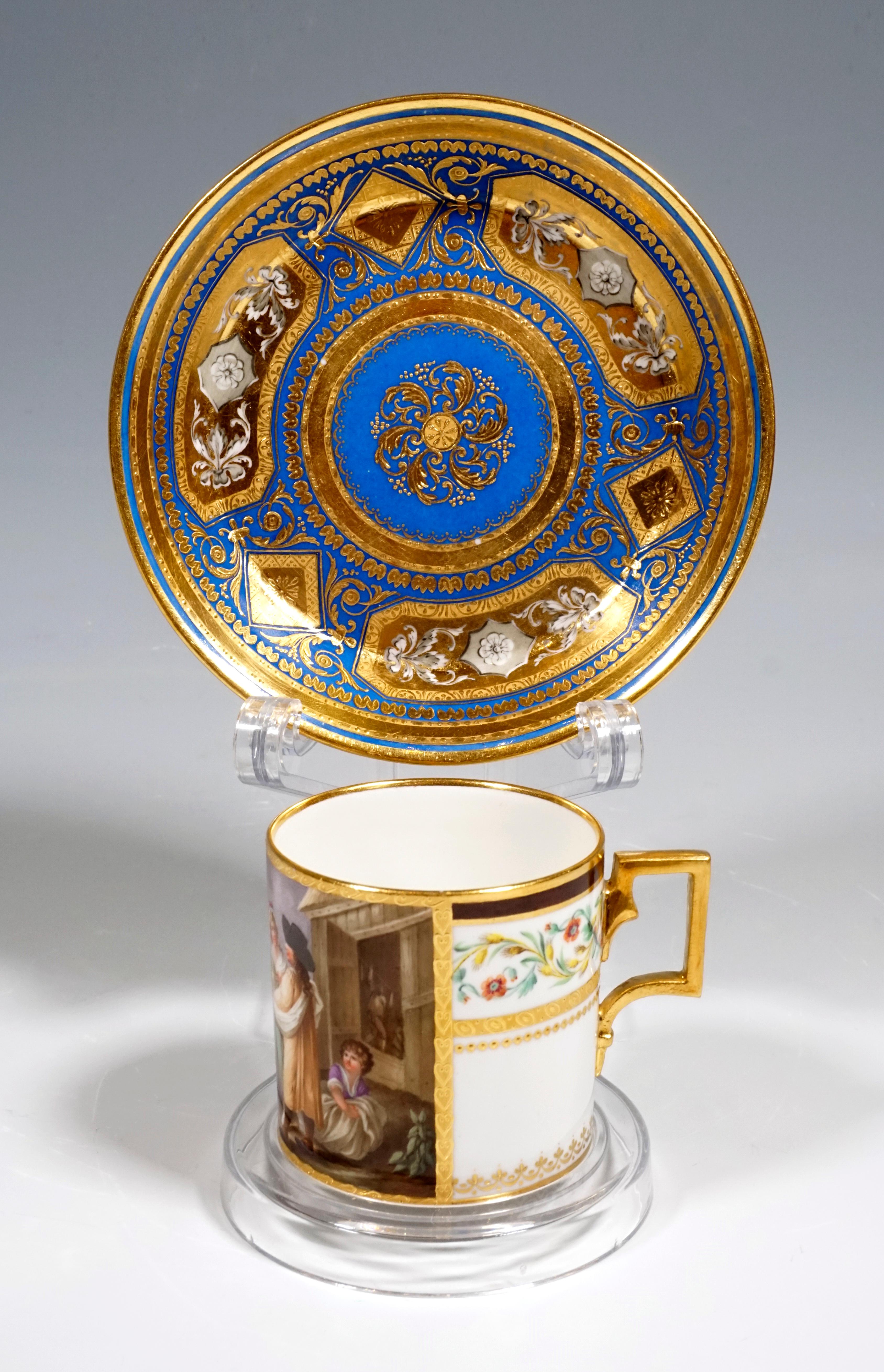 Extraordinarily decorated porcelain cup with saucer:
The front of the cylindrical white cup bears a genre image over its entire height: a peasant family next to a wooden house in front of a castle hill, a couple of young adults, next to them a